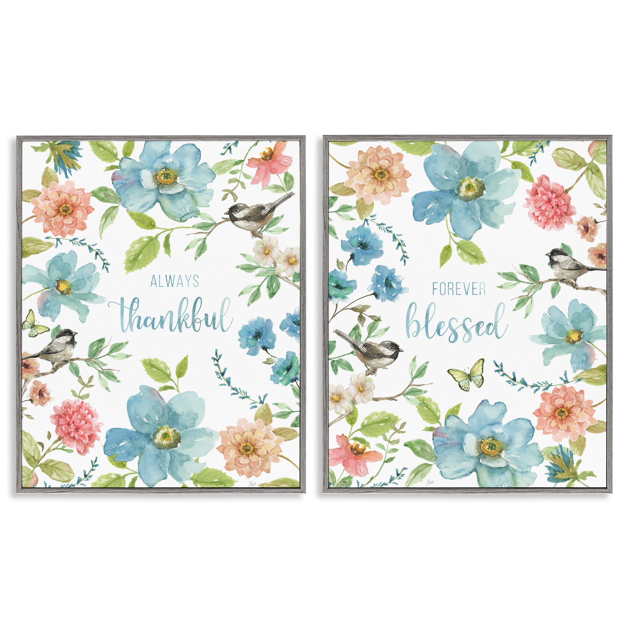 Stupell Industries Pink & Blue Gratitude Blooms 2 Piece Gray Framed Giclee Art Set, design by Nan