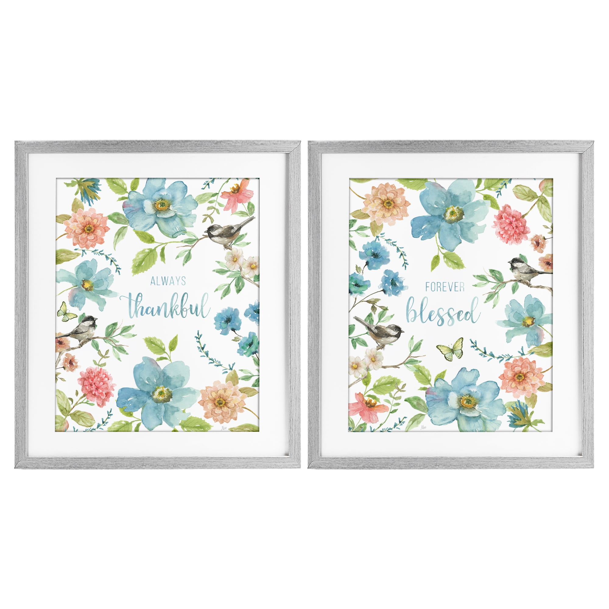 Stupell Industries Pink & Blue Gratitude Blooms 2 Piece Gray Framed Print Under Glass Set, design by Nan
