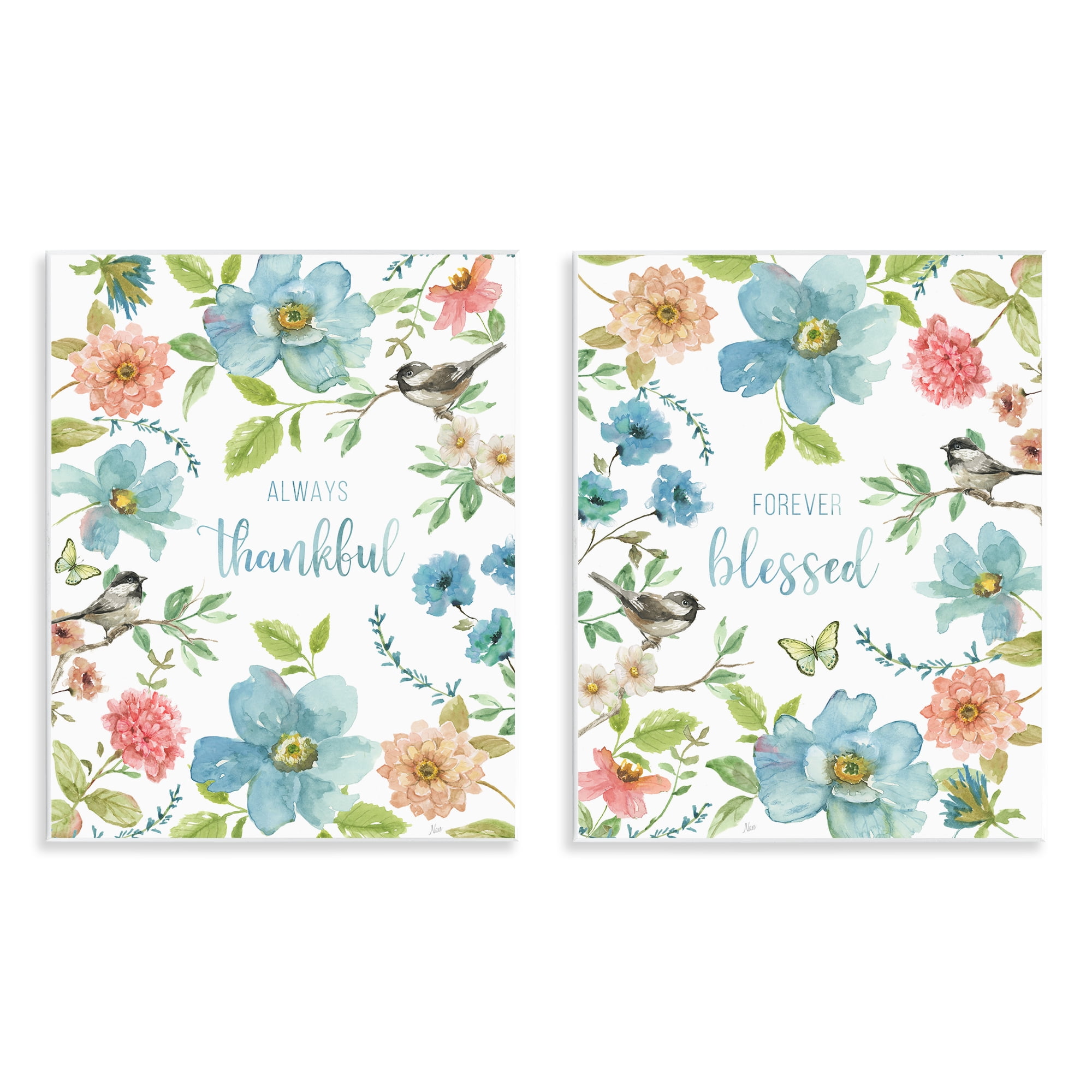 Stupell Industries Pink & Blue Gratitude Blooms 2 Piece Wall Plaque Art Set, design by Nan