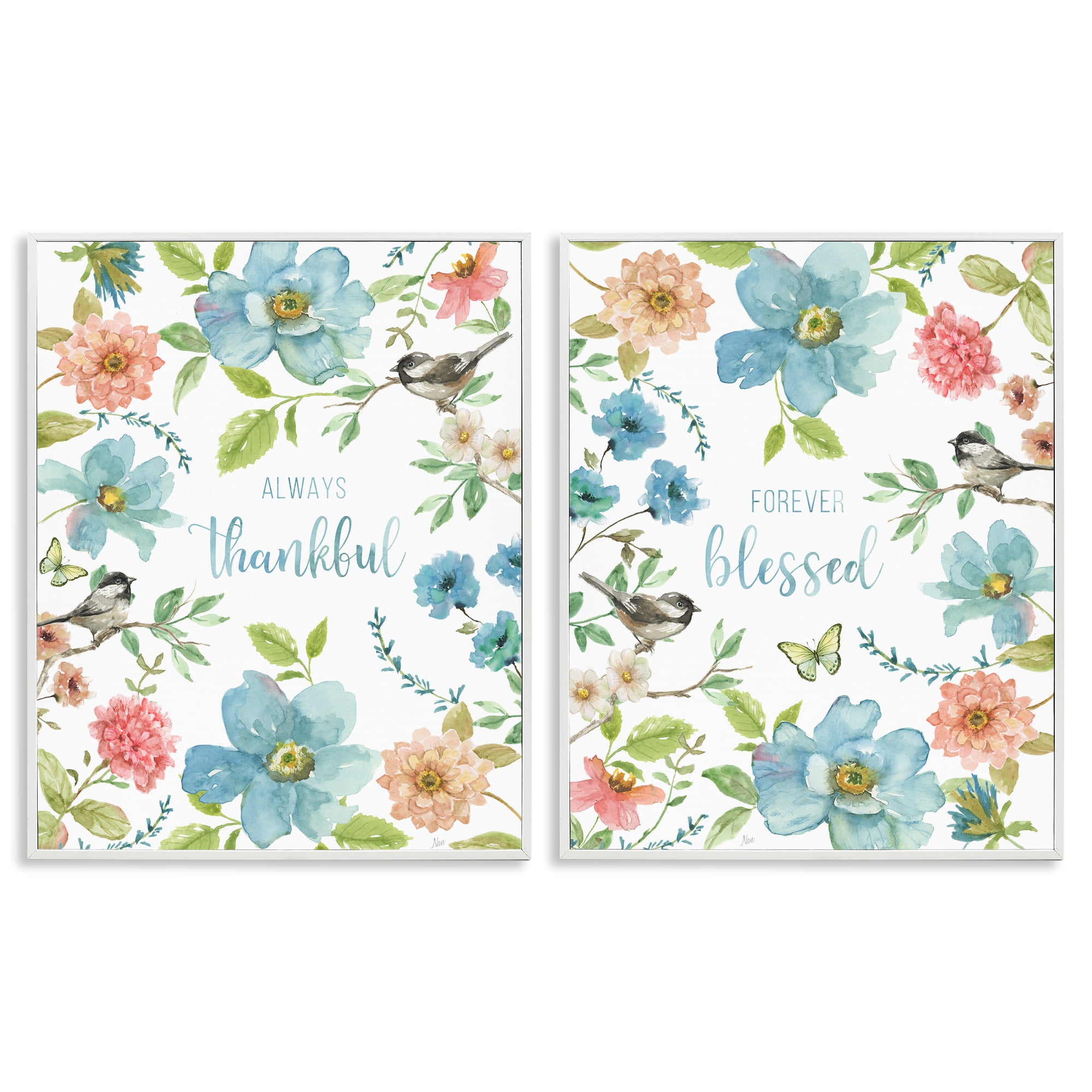 Stupell Industries Pink & Blue Gratitude Blooms 2 Piece White Framed Giclee Art Set, design by Nan