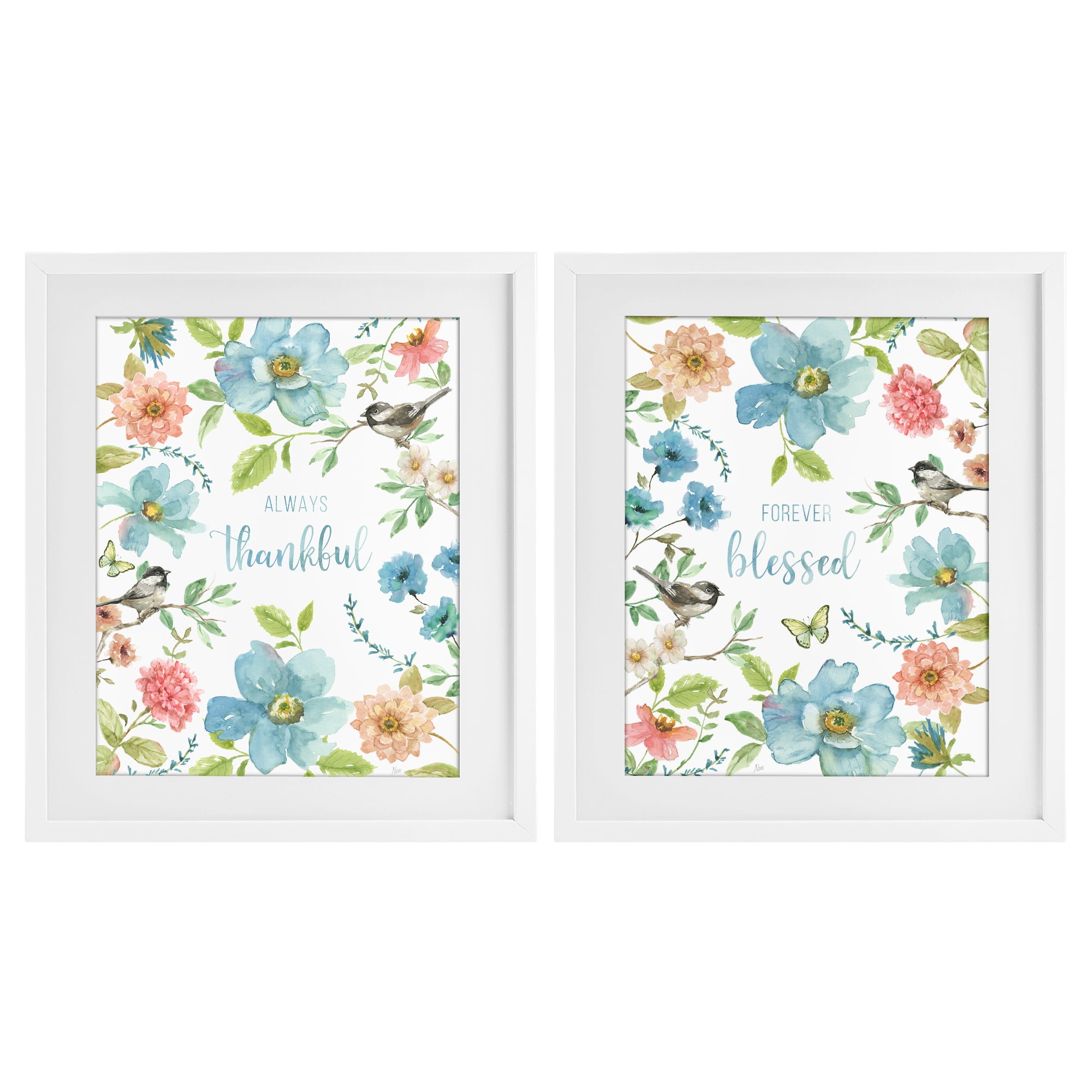 Stupell Industries Pink & Blue Gratitude Blooms 2 Piece White Framed Print Under Glass Set, design by Nan