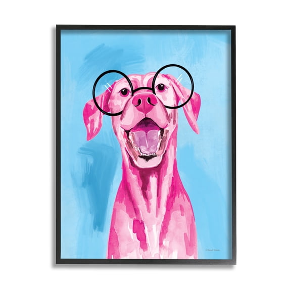 Stupell Industries Pink & Blue Happy Dog Animals & Insects Painting Black Framed Art Print Wall Art, 11 x 14