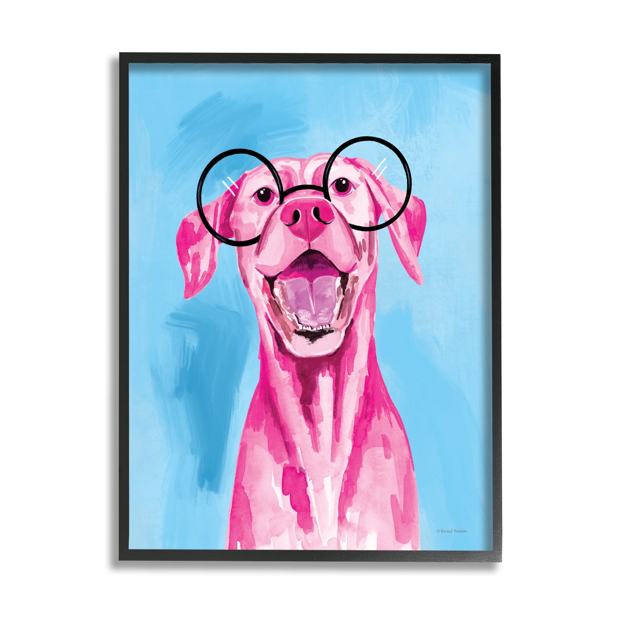 Stupell Industries Pink & Blue Happy Dog Animals & Insects Painting Black Framed Art Print Wall Art, 24 x 30