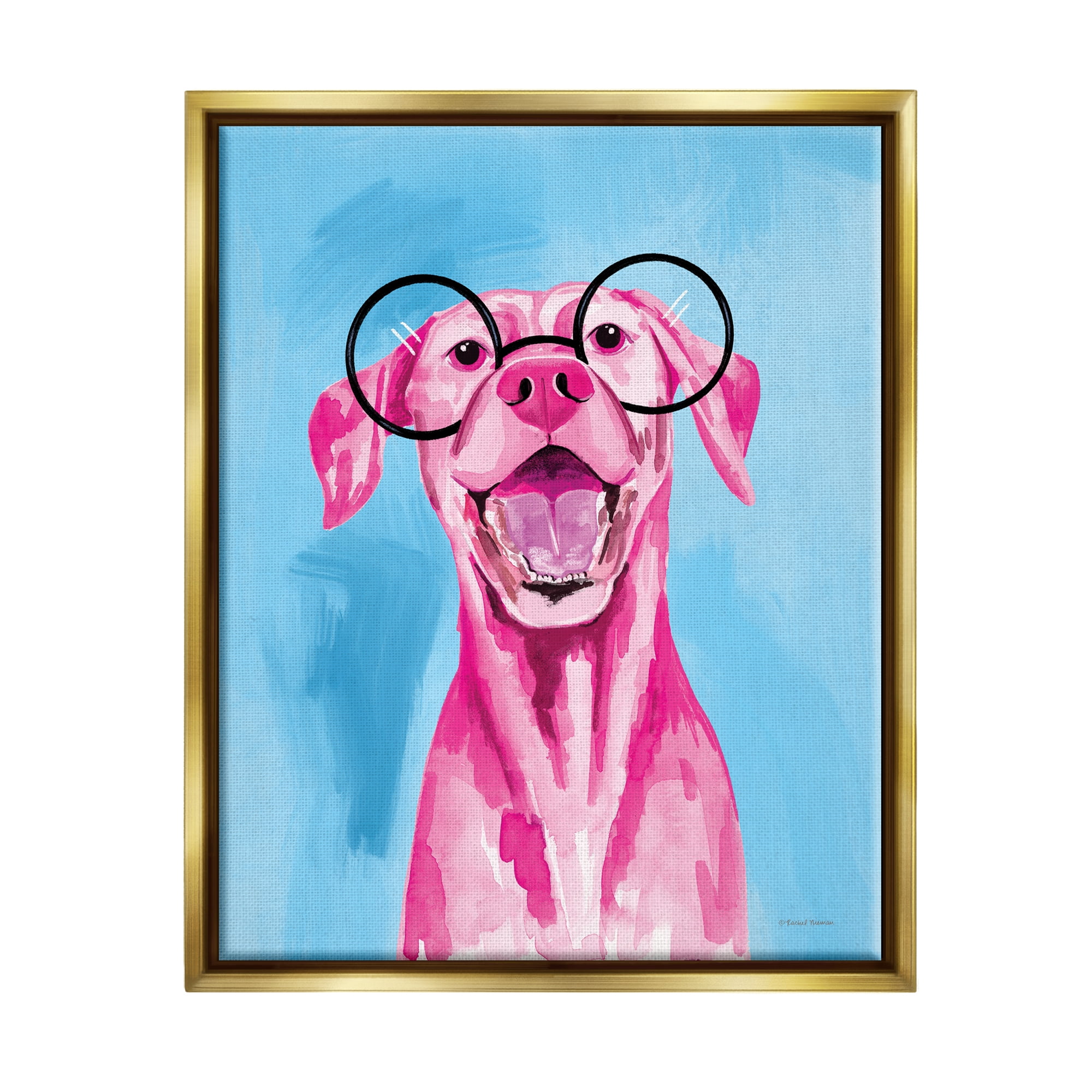Stupell Industries Pink & Blue Happy Dog Animals & Insects Painting Gold Floater Framed Art Print Wall Art, 25 x 31