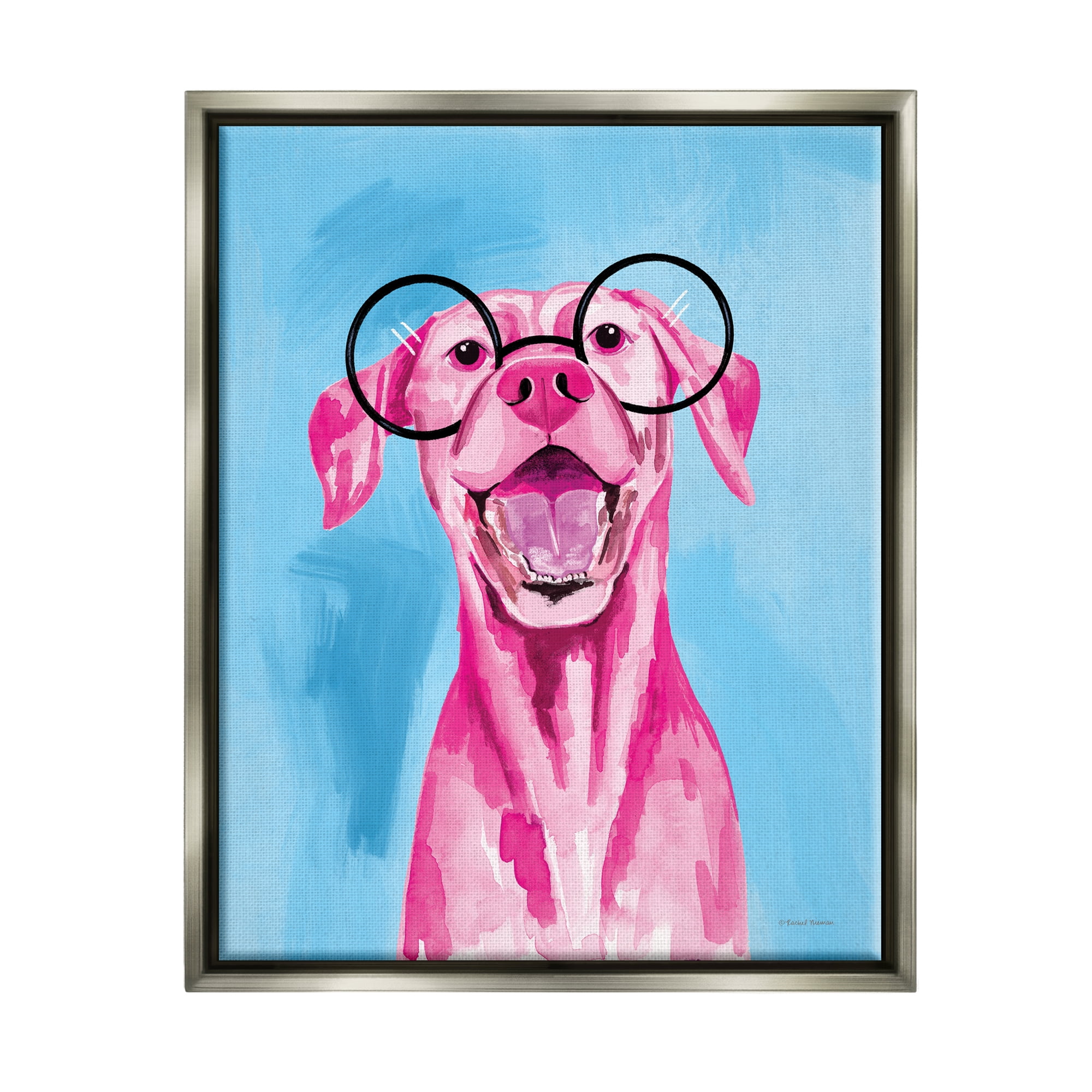 Stupell Industries Pink & Blue Happy Dog Animals & Insects Painting Gray Floater Framed Art Print Wall Art, 25 x 31