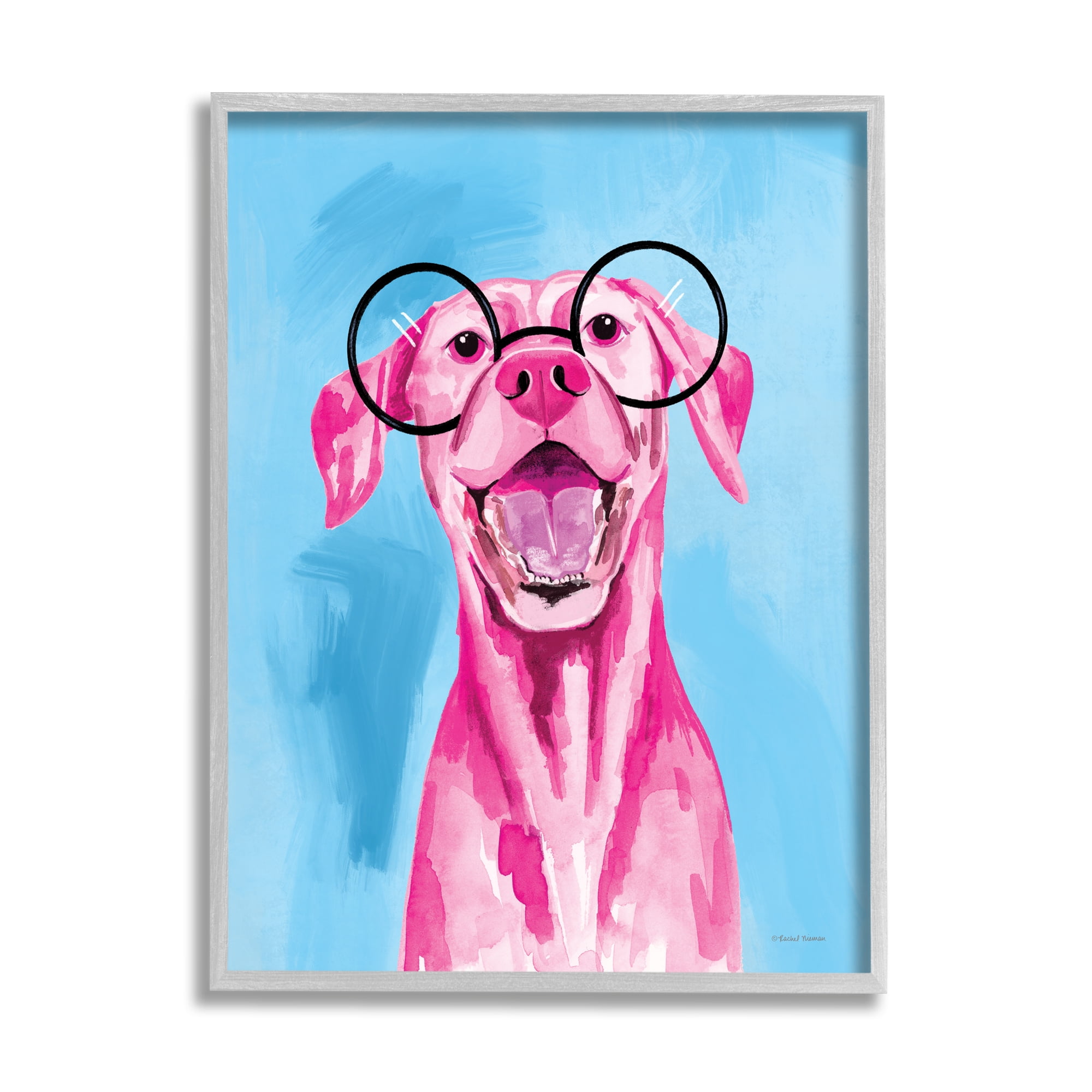Stupell Industries Pink & Blue Happy Dog Animals & Insects Painting Gray Framed Art Print Wall Art, 24 x 30