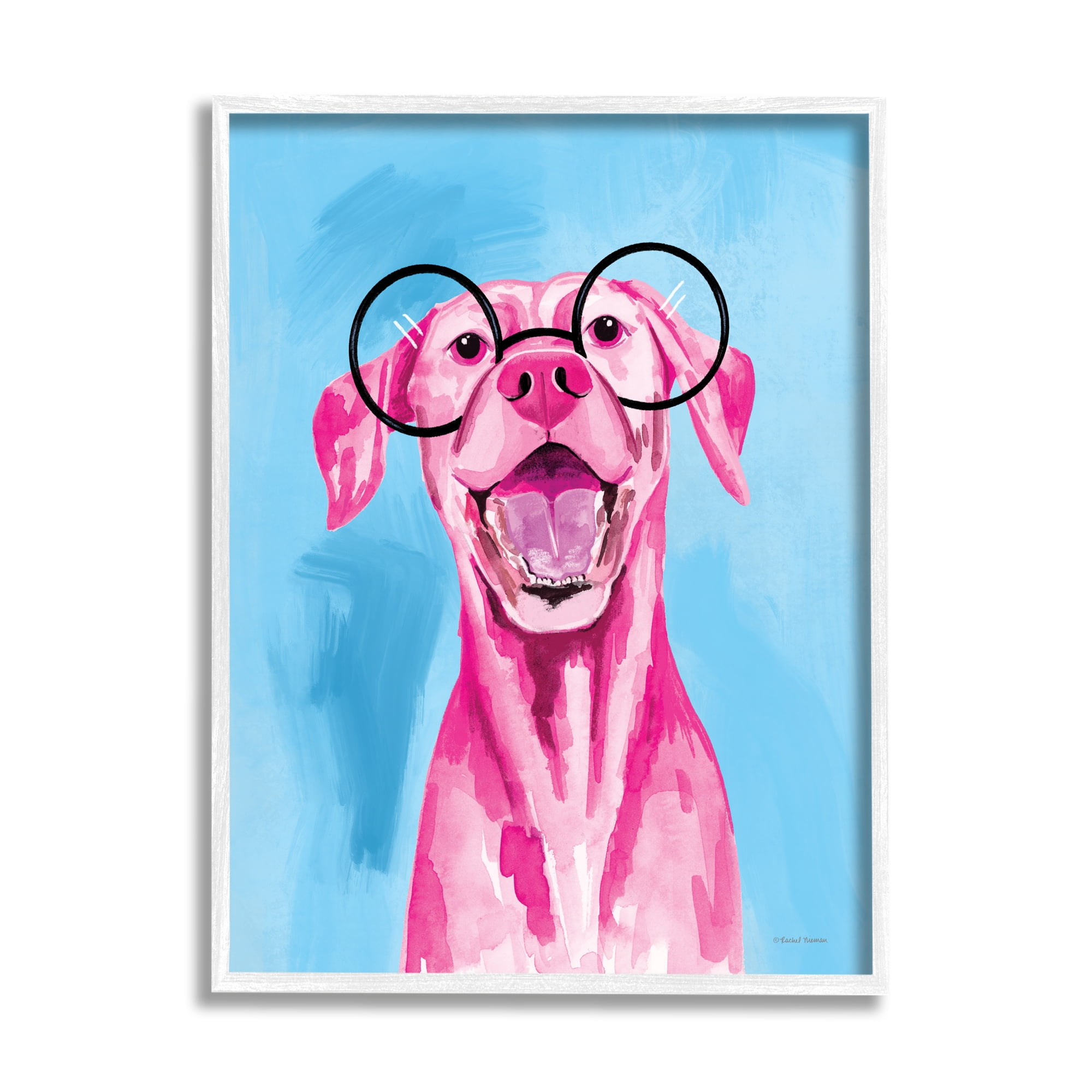 Stupell Industries Pink & Blue Happy Dog Animals & Insects Painting White Framed Art Print Wall Art, 16 x 20