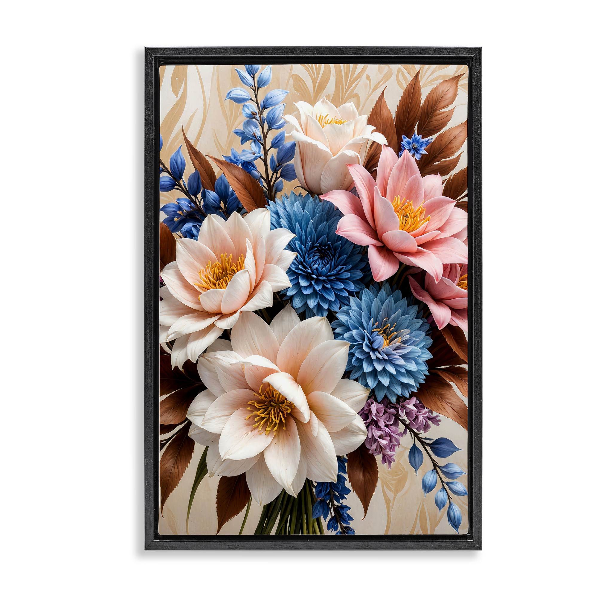 Stupell Industries Pink & Blue Mixed Bouquet Plants & Flowers Painting Black Floater Framed Canvas Art Print Wall Art, 21 x 31