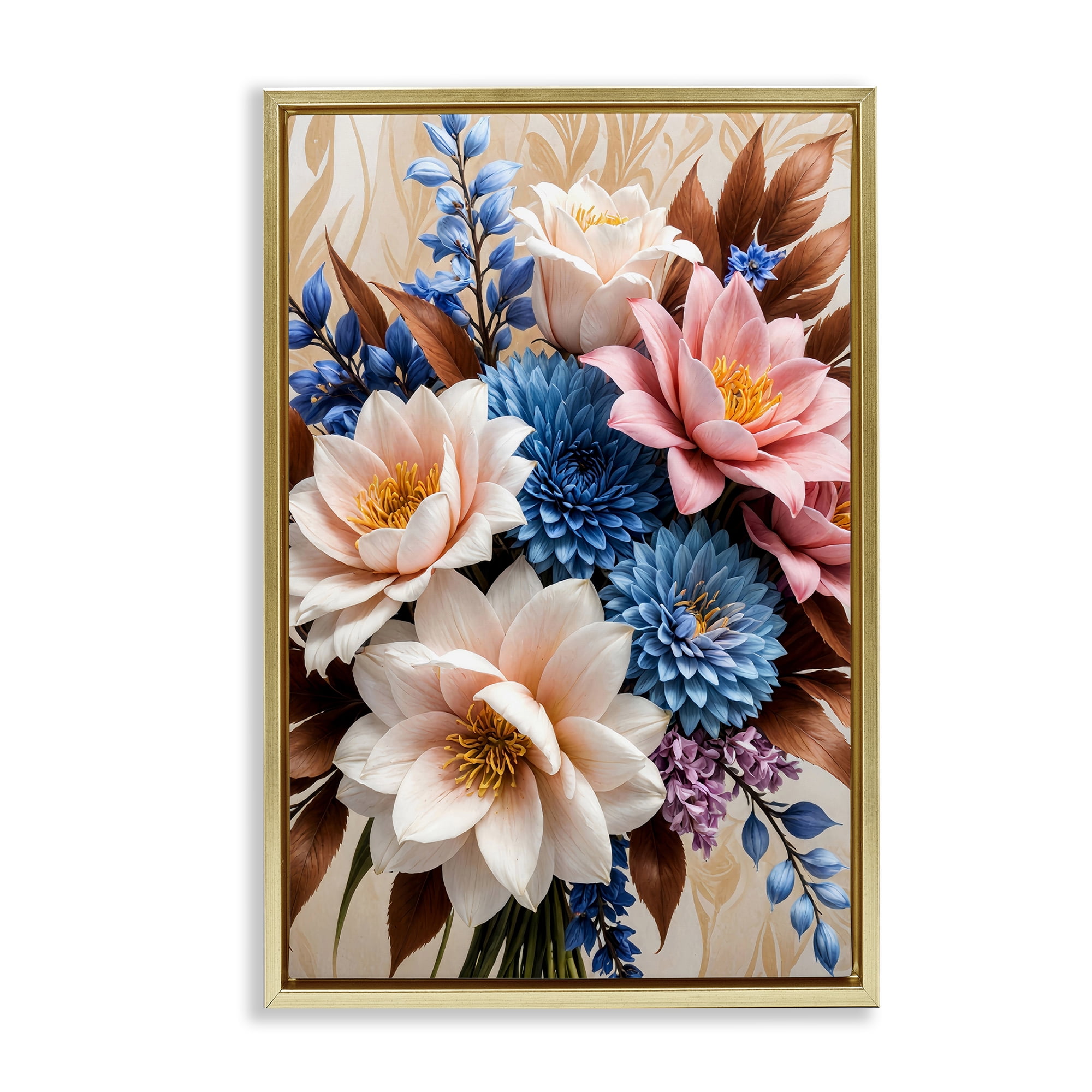 Stupell Industries Pink & Blue Mixed Bouquet Plants & Flowers Painting Gold Floater Framed Canvas Art Print Wall Art, 17 x 25