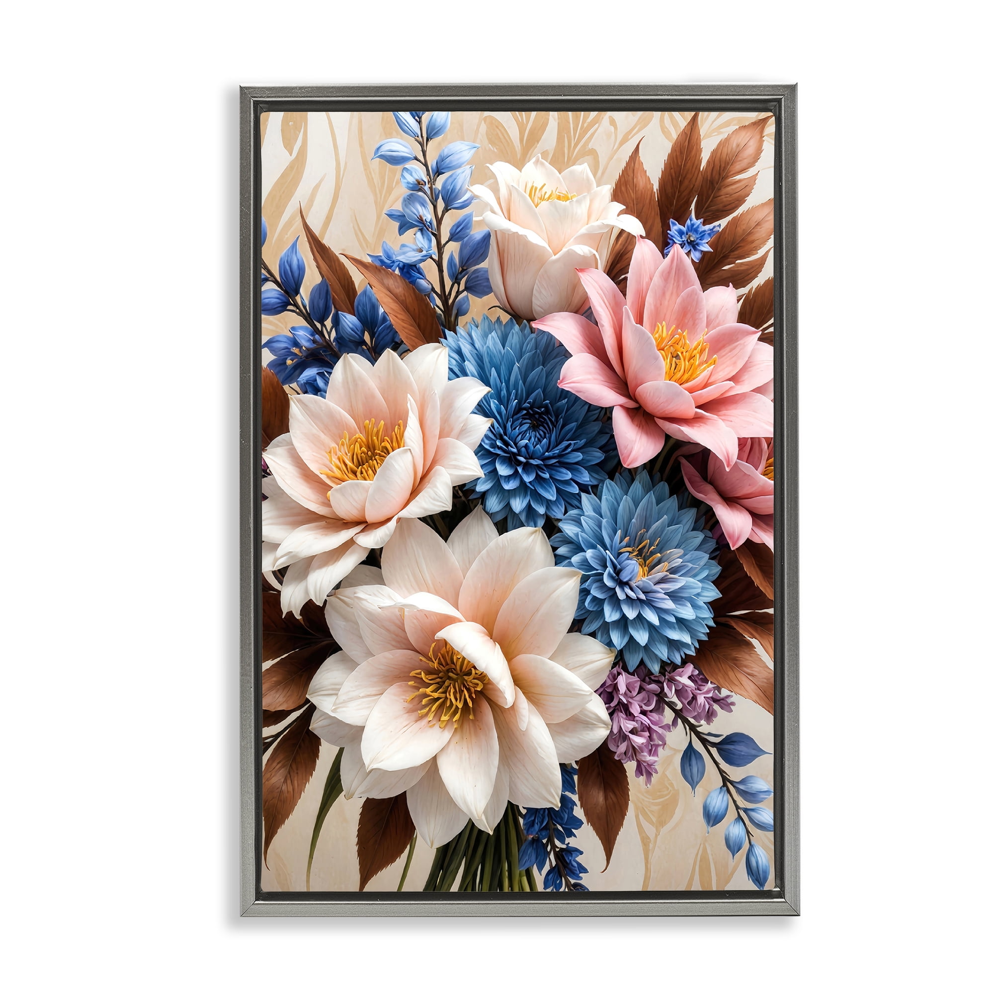 Stupell Industries Pink & Blue Mixed Bouquet Plants & Flowers Painting Gray Floater Framed Canvas Art Print Wall Art, 17 x 25