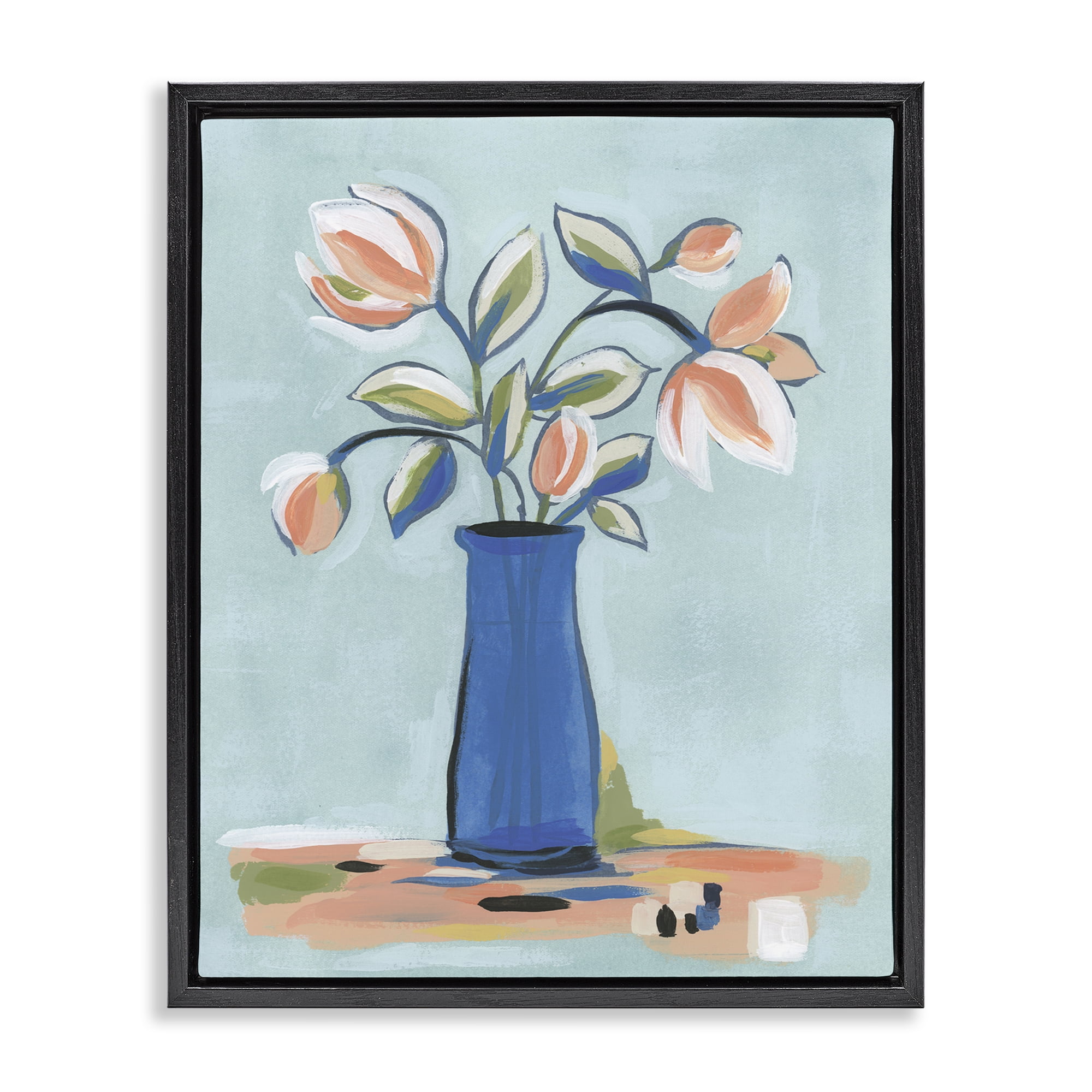Stupell Industries Pink & Blue Modern Bouquet Plants & Flowers Painting Black Floater Framed Canvas Art Print Wall Art, 25 x 31