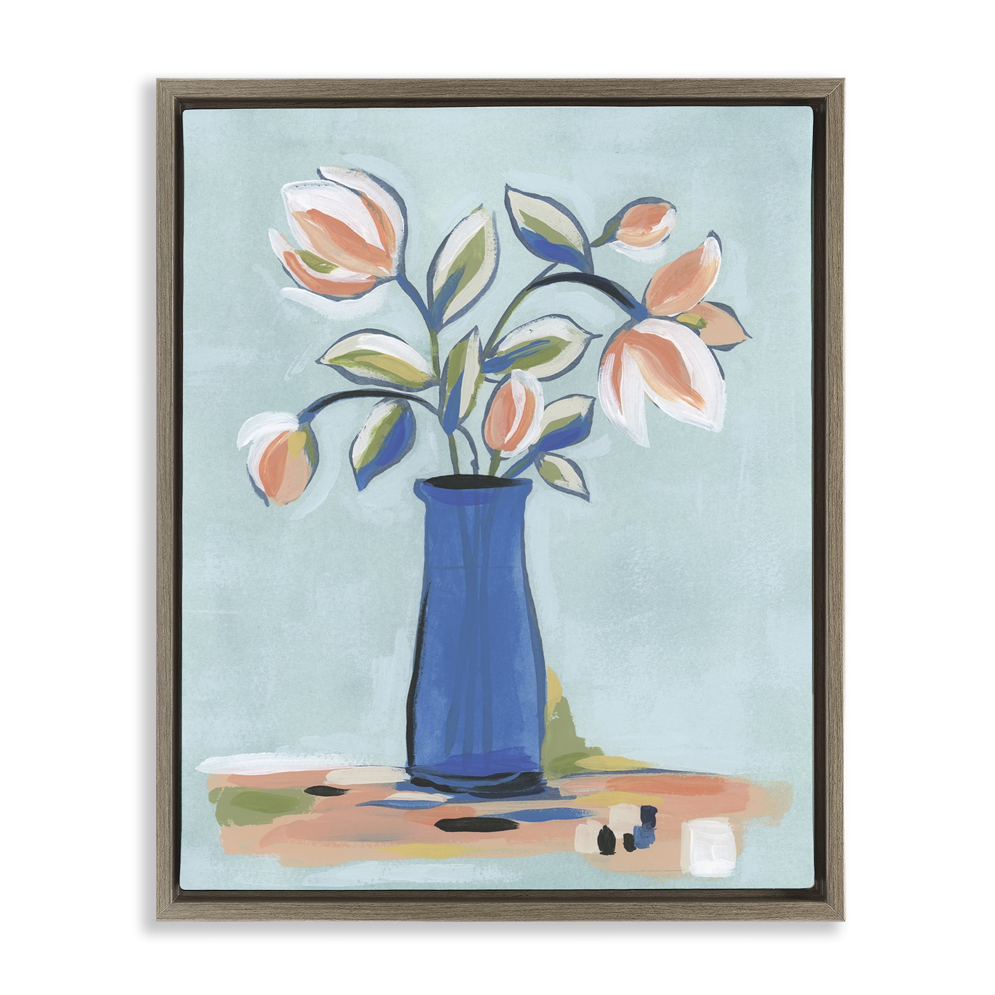 Stupell Industries Pink & Blue Modern Bouquet Plants & Flowers Painting Brown Floater Framed Canvas Art Print Wall Art, 25 x 31