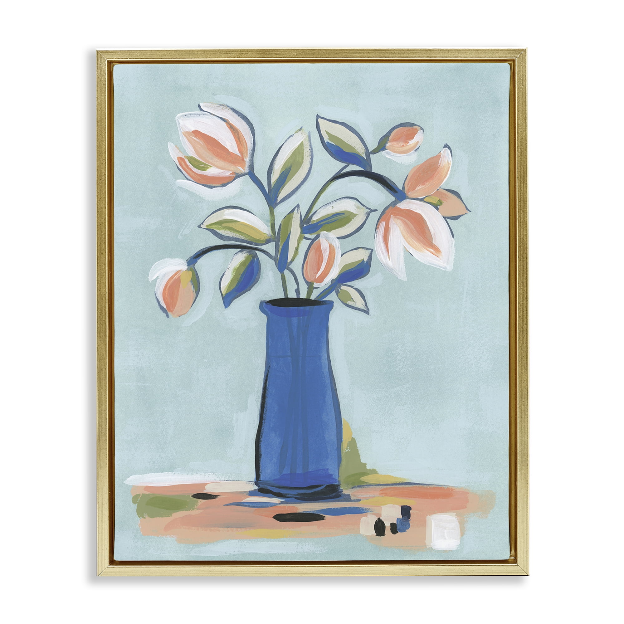 Stupell Industries Pink & Blue Modern Bouquet Plants & Flowers Painting Gold Floater Framed Canvas Art Print Wall Art, 25 x 31
