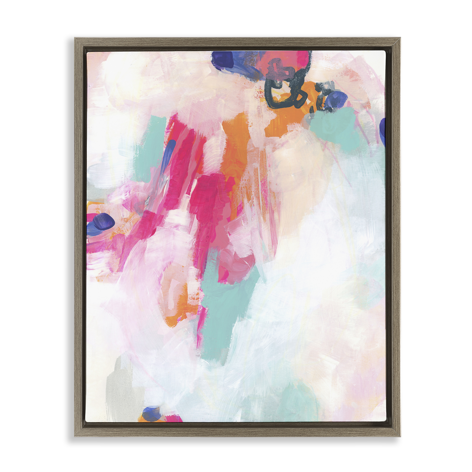 Stupell Industries Pink & Blue Paint Strokes Abstract Painting Brown Floater Framed Canvas Art Print Wall Art, 25 x 31