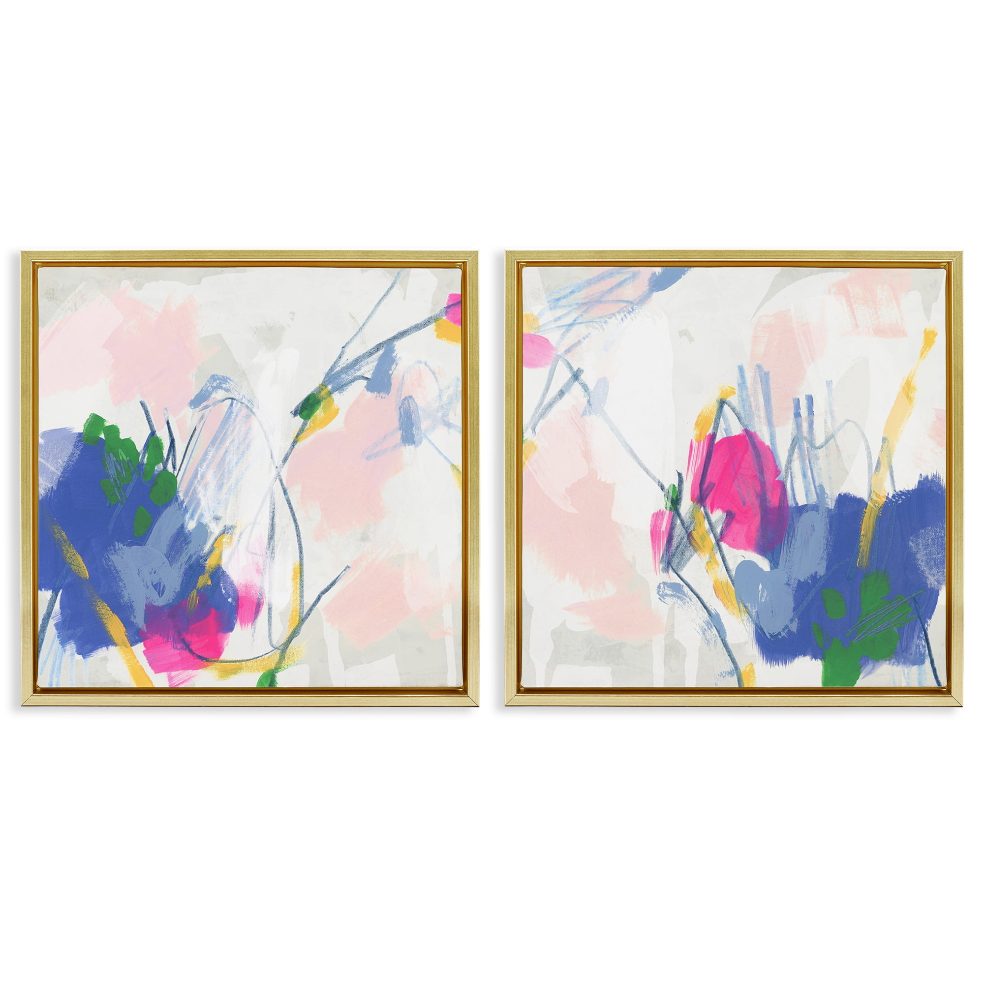 Stupell Industries Pink Blue Pop Abstract Abstract Painting Gold Floater Framed Canvas Art Print Wall Art, 25 x 25, Set of 2