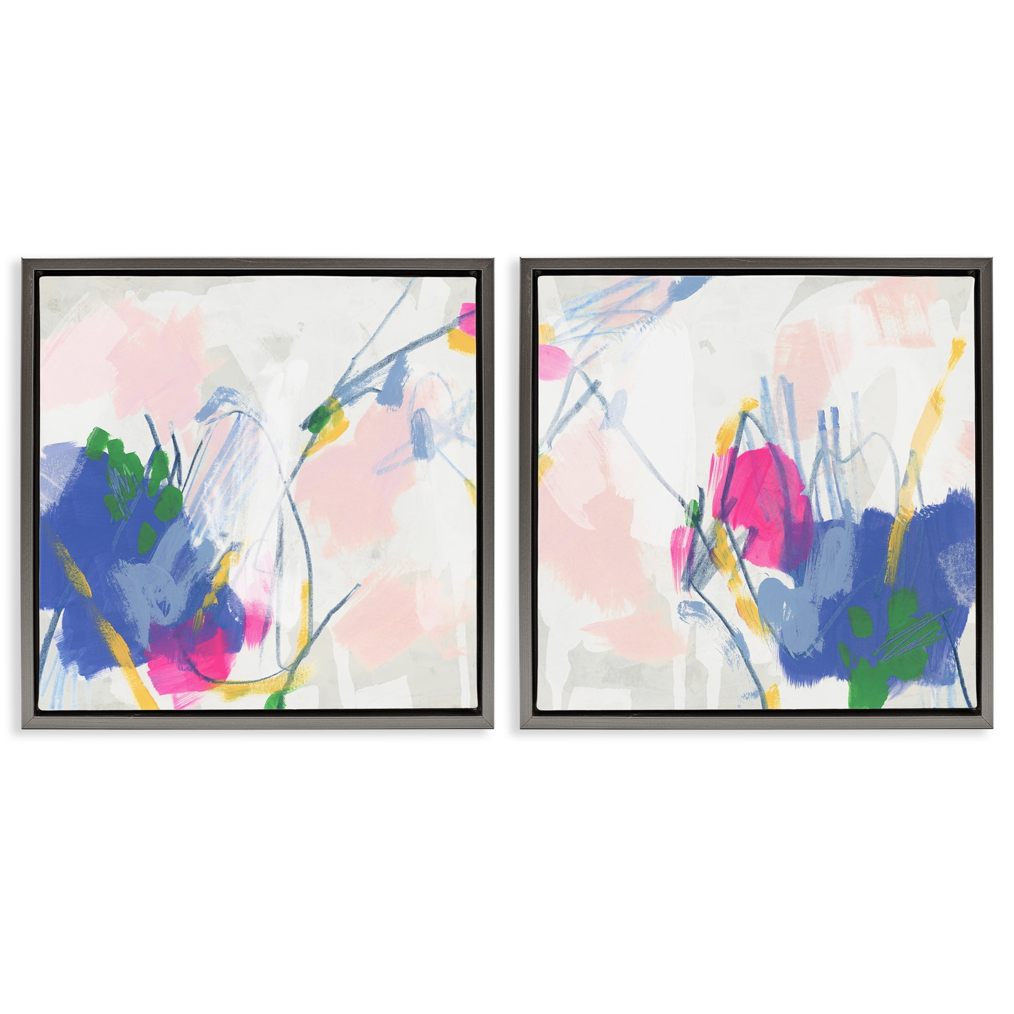 Stupell Industries Pink Blue Pop Abstract Abstract Painting Gray Floater Framed Canvas Art Print Wall Art, 18 x 18, Set of 2