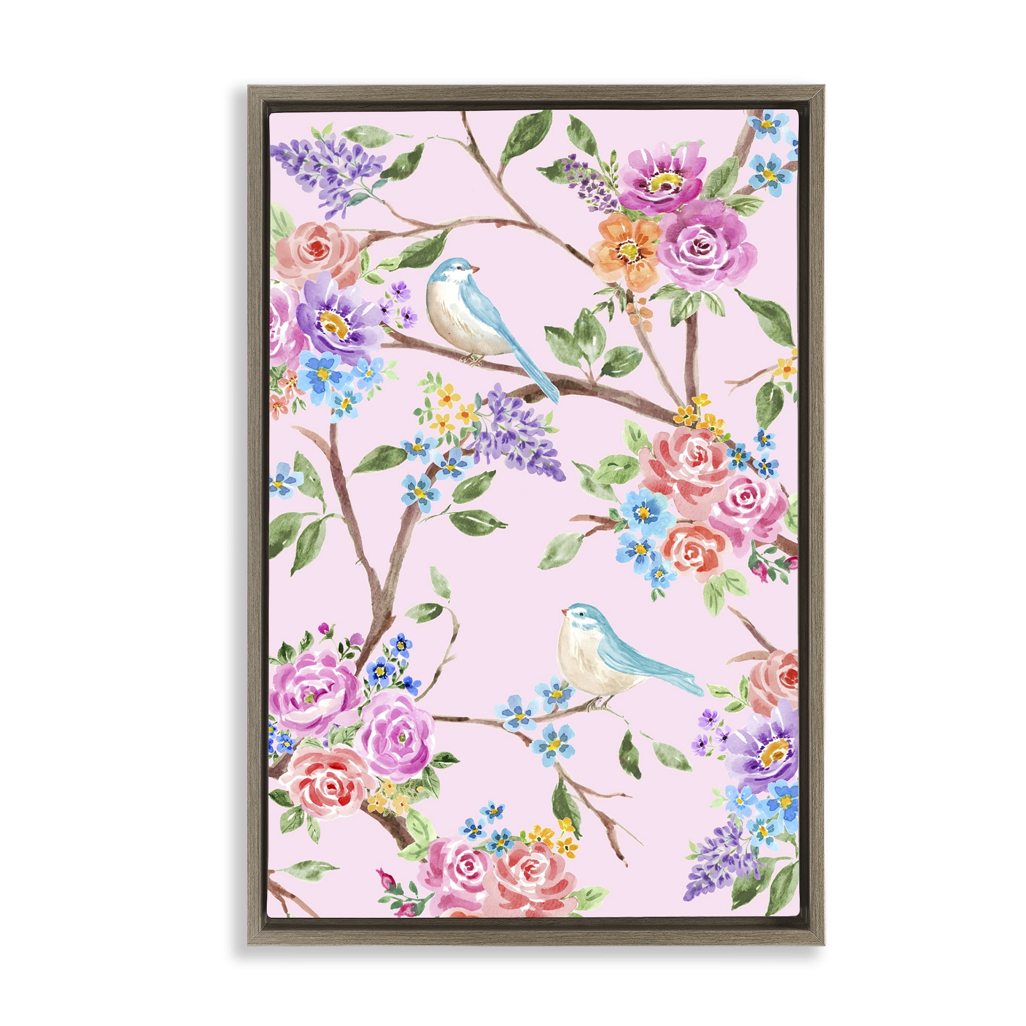 Stupell Industries Pink & Blue Spring Florals Brown Framed Floater Canvas Wall Art, design by Corinne Haig