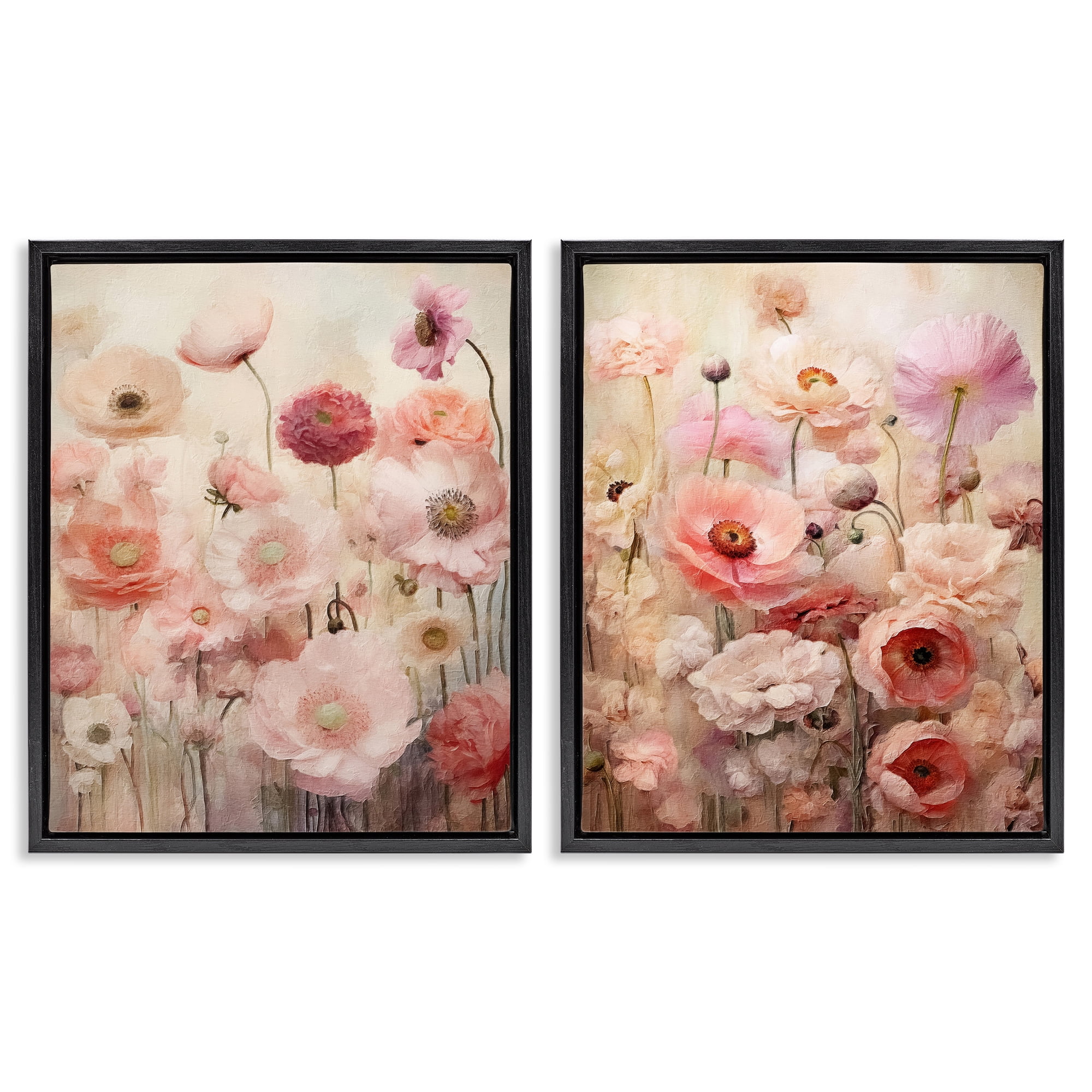 Stupell Industries Pink Blush Floral Field Plants & Flowers Painting Black Floater Framed Canvas Art Print Wall Art, 17 x 21, Set of 2