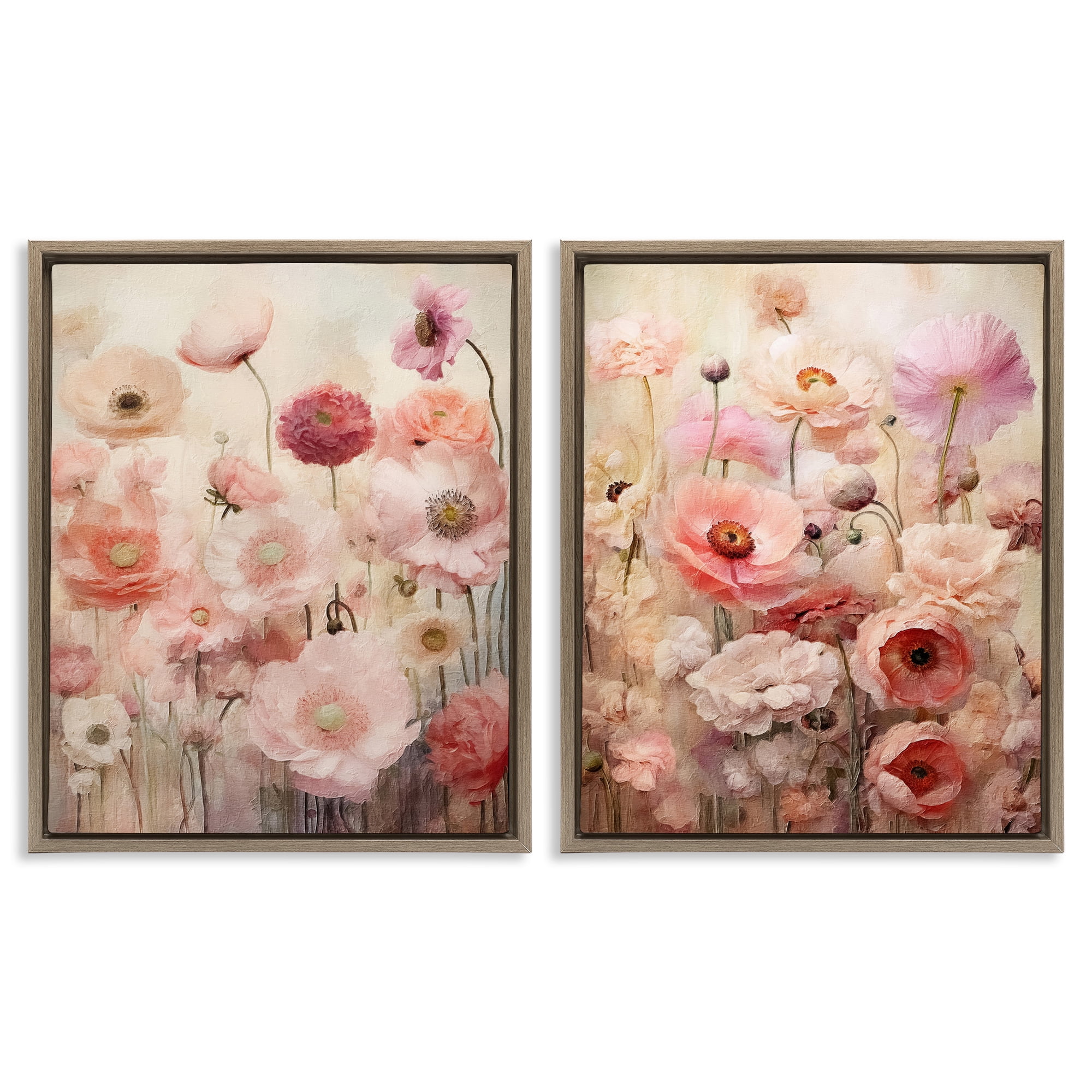 Stupell Industries Pink Blush Floral Field Plants & Flowers Painting Brown Floater Framed Canvas Art Print Wall Art, 31 x 25, Set of 2