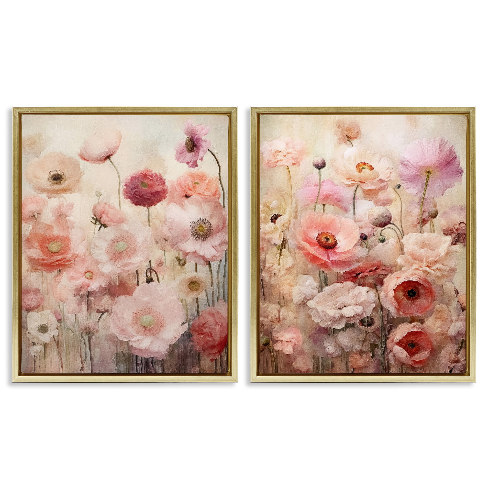 Stupell Industries Pink Blush Floral Field Plants & Flowers Painting Gold Floater Framed Canvas Art Print Wall Art, 31 x 25, Set of 2