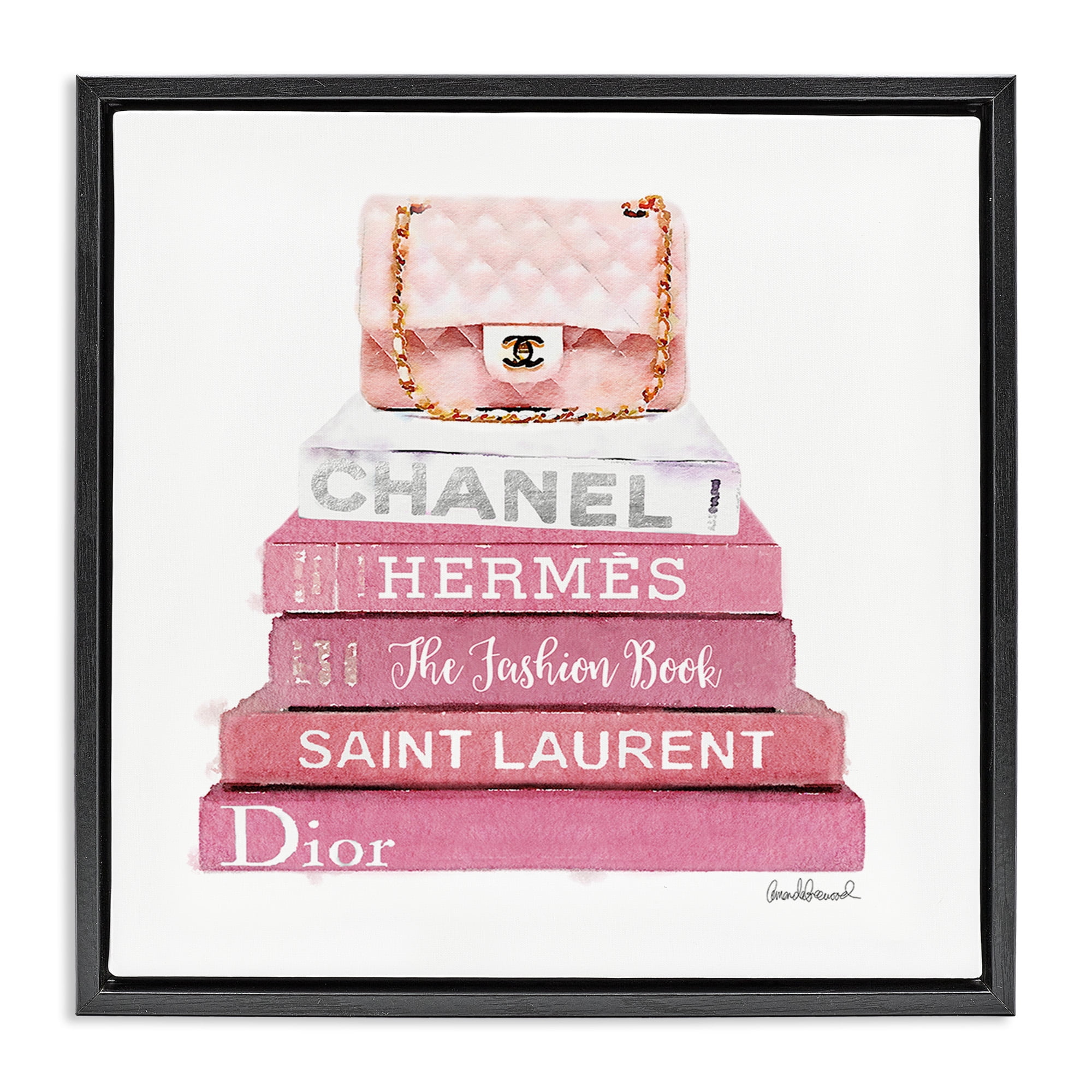 Stupell Industries Pink Book Stack Fashion Handbag Beauty & Fashion Painting Black Floater Framed Canvas Art Print Wall Art, 18 x 18