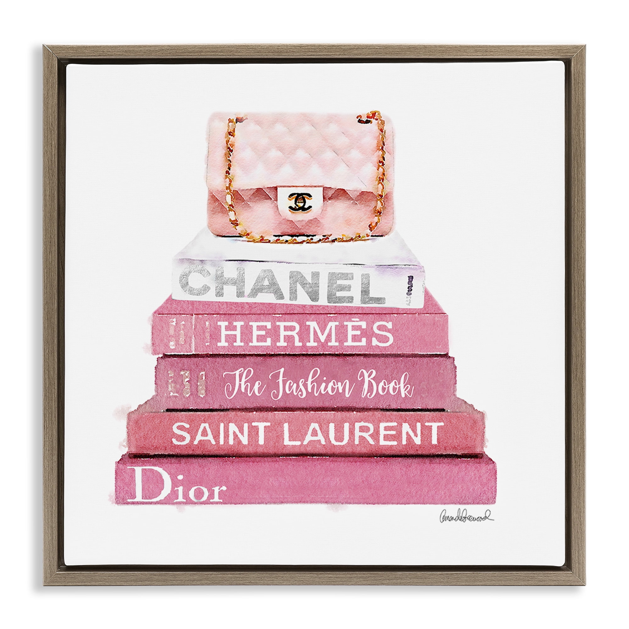 Stupell Industries Pink Book Stack Fashion Handbag Beauty & Fashion Painting Brown Floater Framed Canvas Art Print Wall Art, 18 x 18