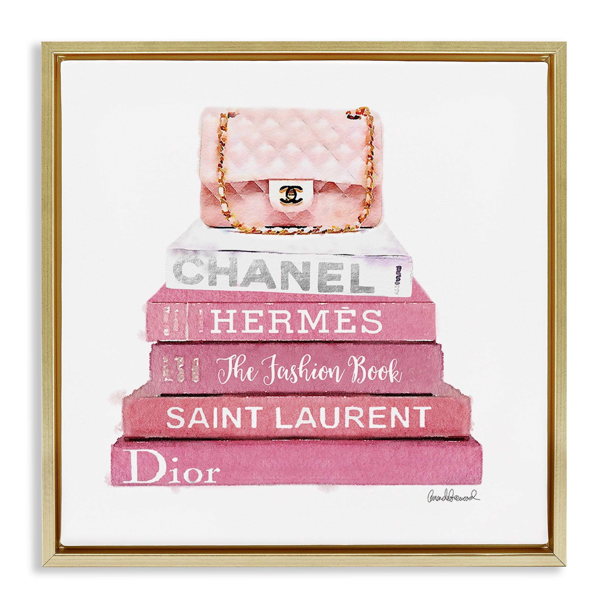 Stupell Industries Pink Book Stack Fashion Handbag Beauty & Fashion Painting Gold Floater Framed Canvas Art Print Wall Art, 18 x 18