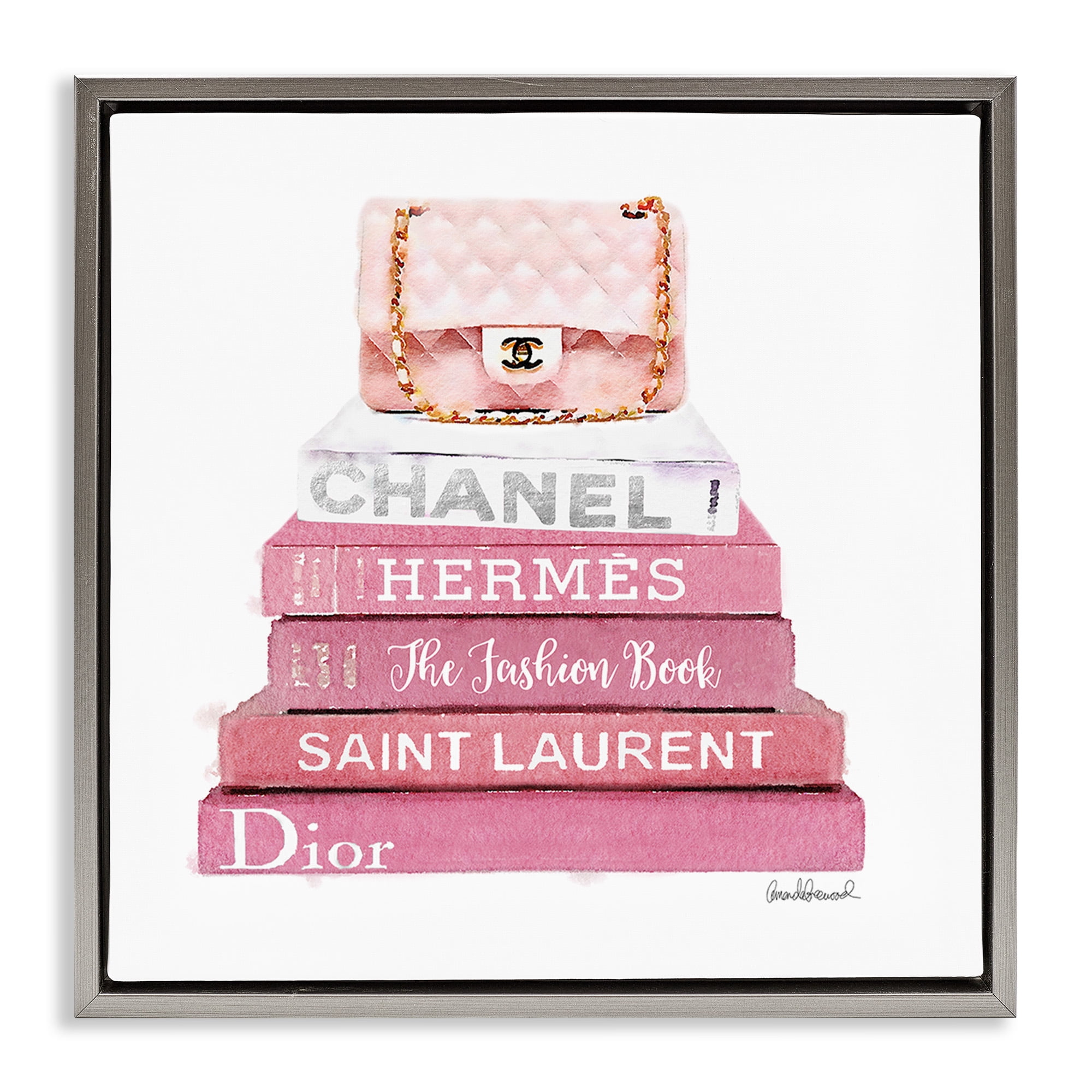 Stupell Industries Pink Book Stack Fashion Handbag Beauty & Fashion Painting Gray Floater Framed Canvas Art Print Wall Art, 25 x 25