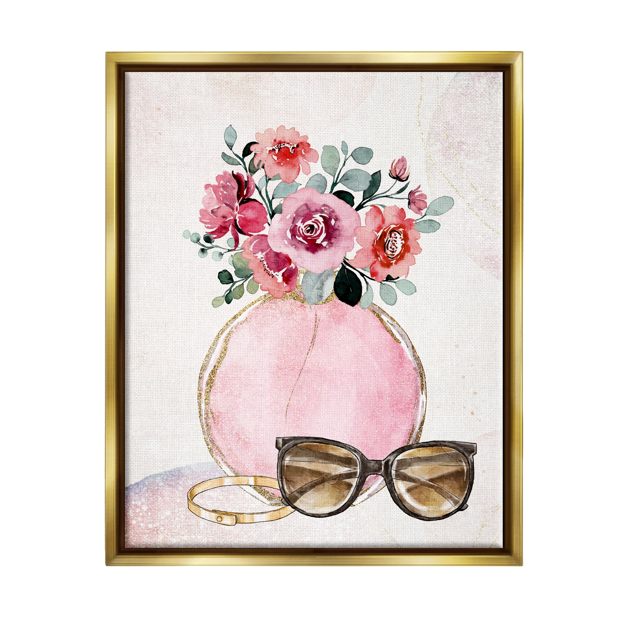 Stupell Industries Pink Bouquet & Sunglasses Botanical & Floral Painting Gold Floater Framed Canvas Art Print Wall Art, 25 x 31