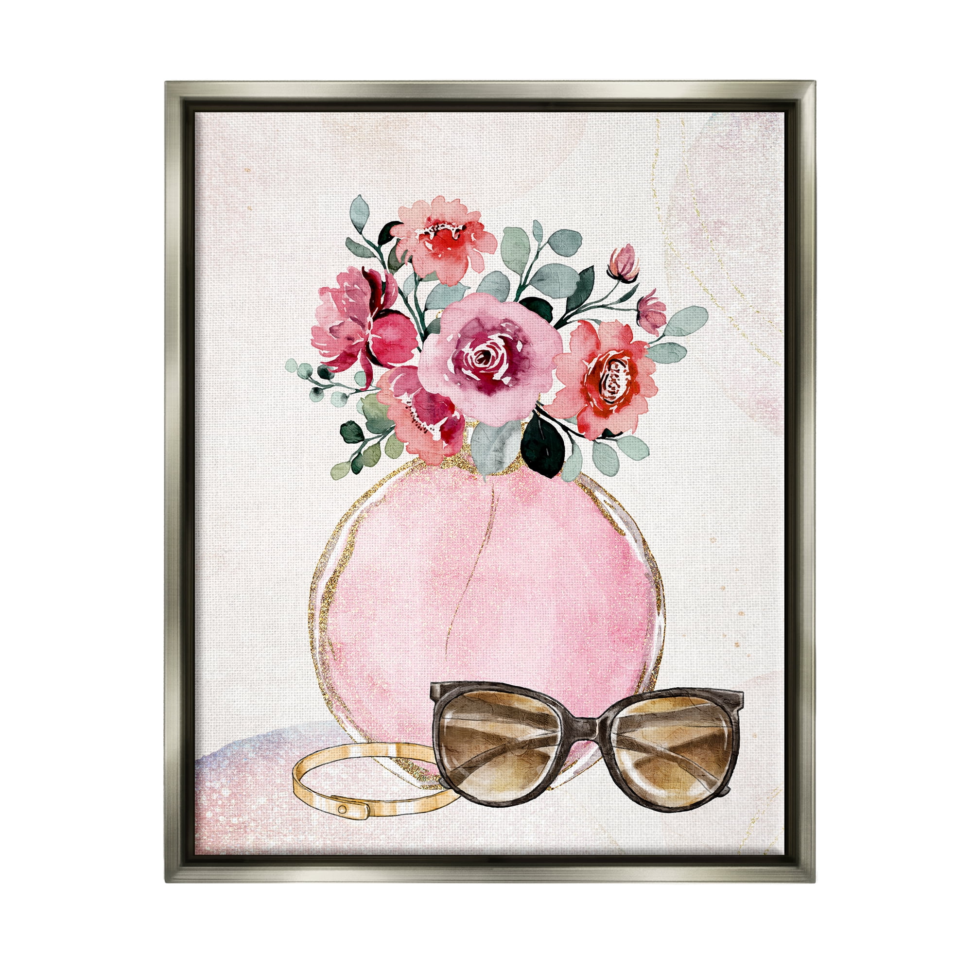 Stupell Industries Pink Bouquet & Sunglasses Botanical & Floral Painting Gray Floater Framed Canvas Art Print Wall Art, 25 x 31