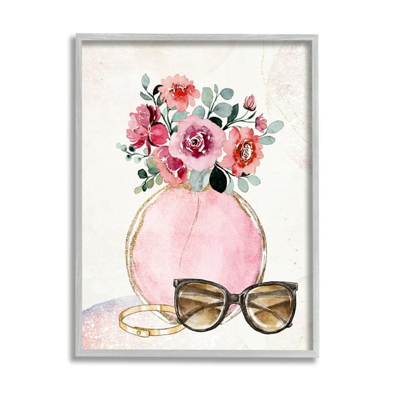 Stupell Industries Pink Bouquet & Sunglasses Botanical & Floral Painting Gray Framed Art Print Wall Art, 11 x 14