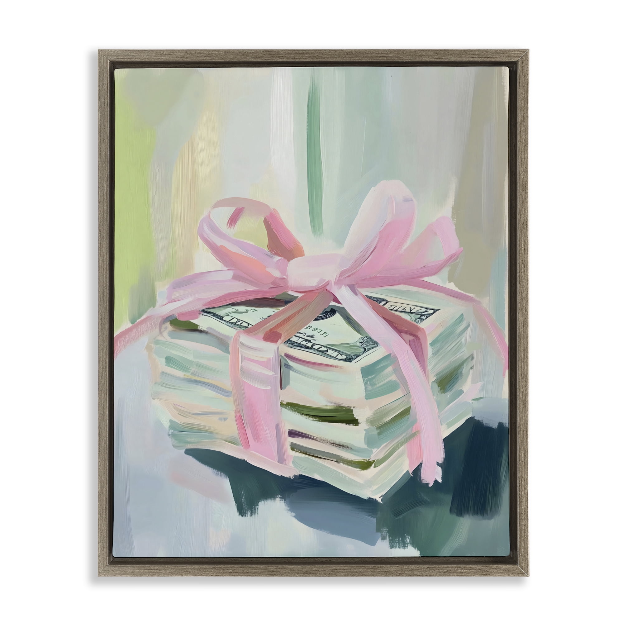 Stupell Industries Pink Bow Cash Bundle Brown Framed Floater Canvas Wall Art, design by The Prints Vibe