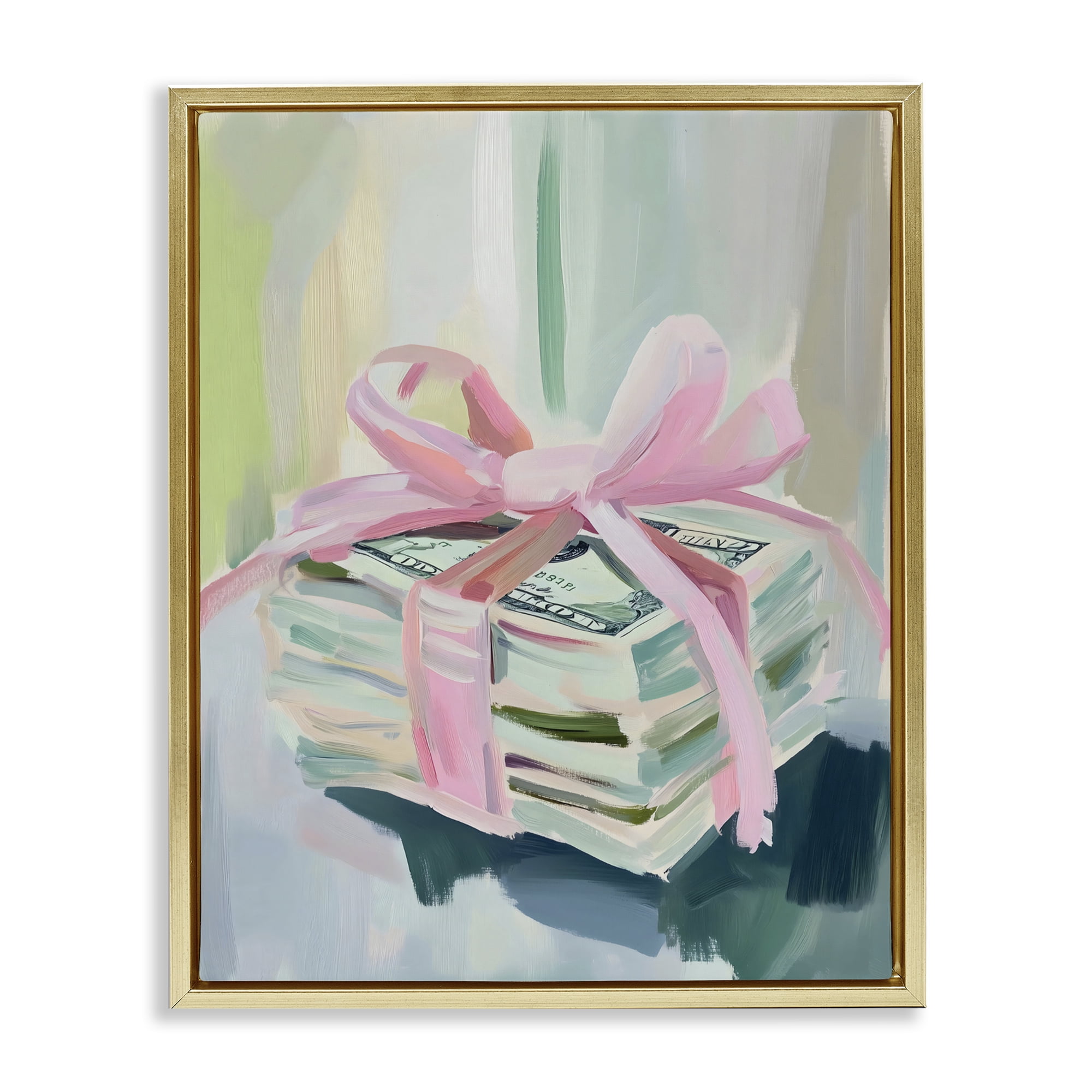 Stupell Industries Pink Bow Cash Bundle Gold Framed Floater Canvas Wall Art, design by The Prints Vibe