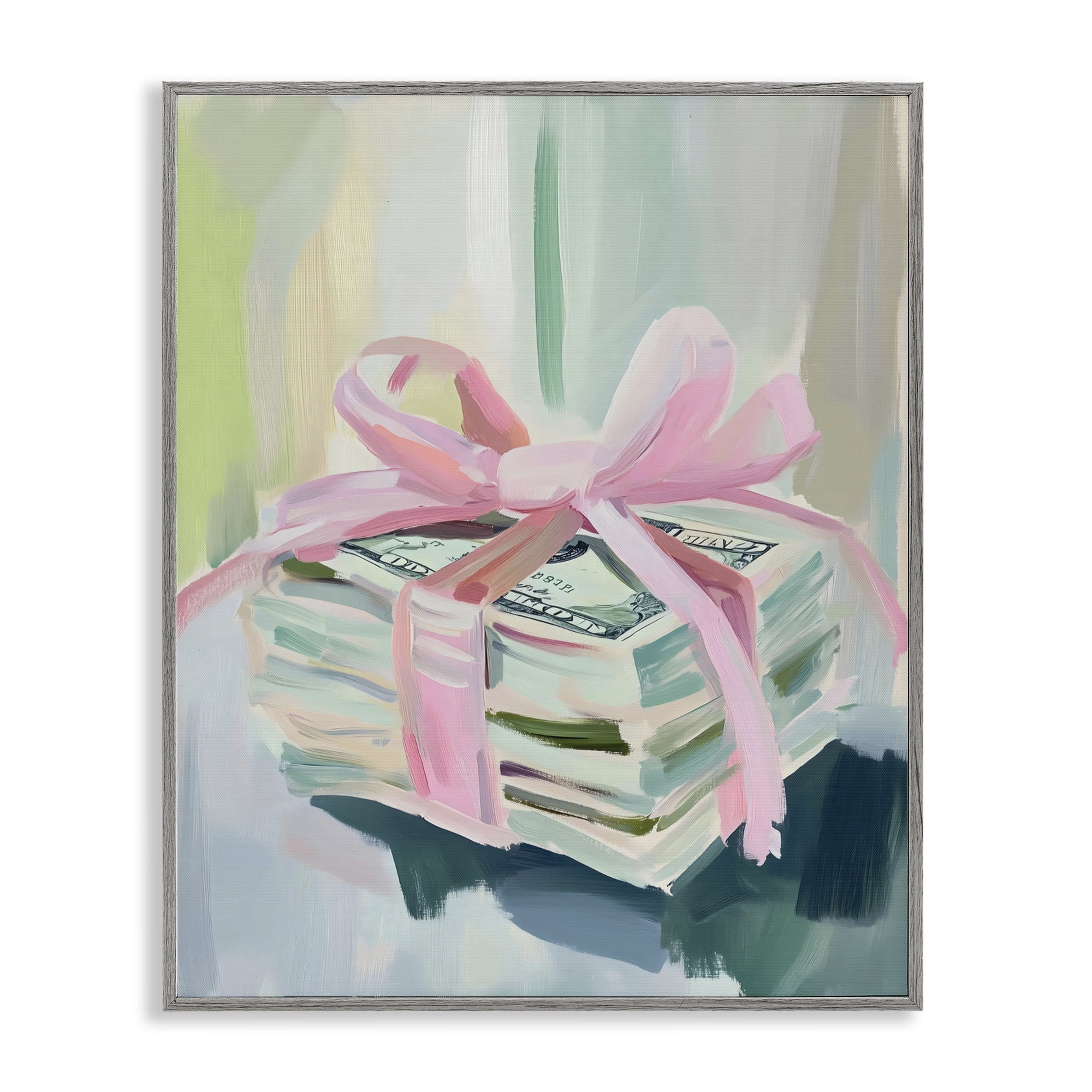 Stupell Industries Pink Bow Cash Bundle Gray Framed Giclee Art, design by The Prints Vibe
