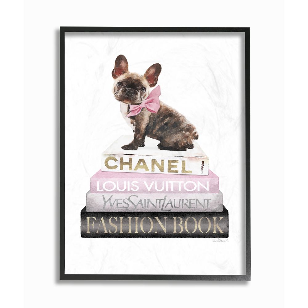 Stupell Industries Pink Bow Dog Gold Black Bookstack Glam Fashion Pet Design Framed Wall Art by Amanda Greenwood
