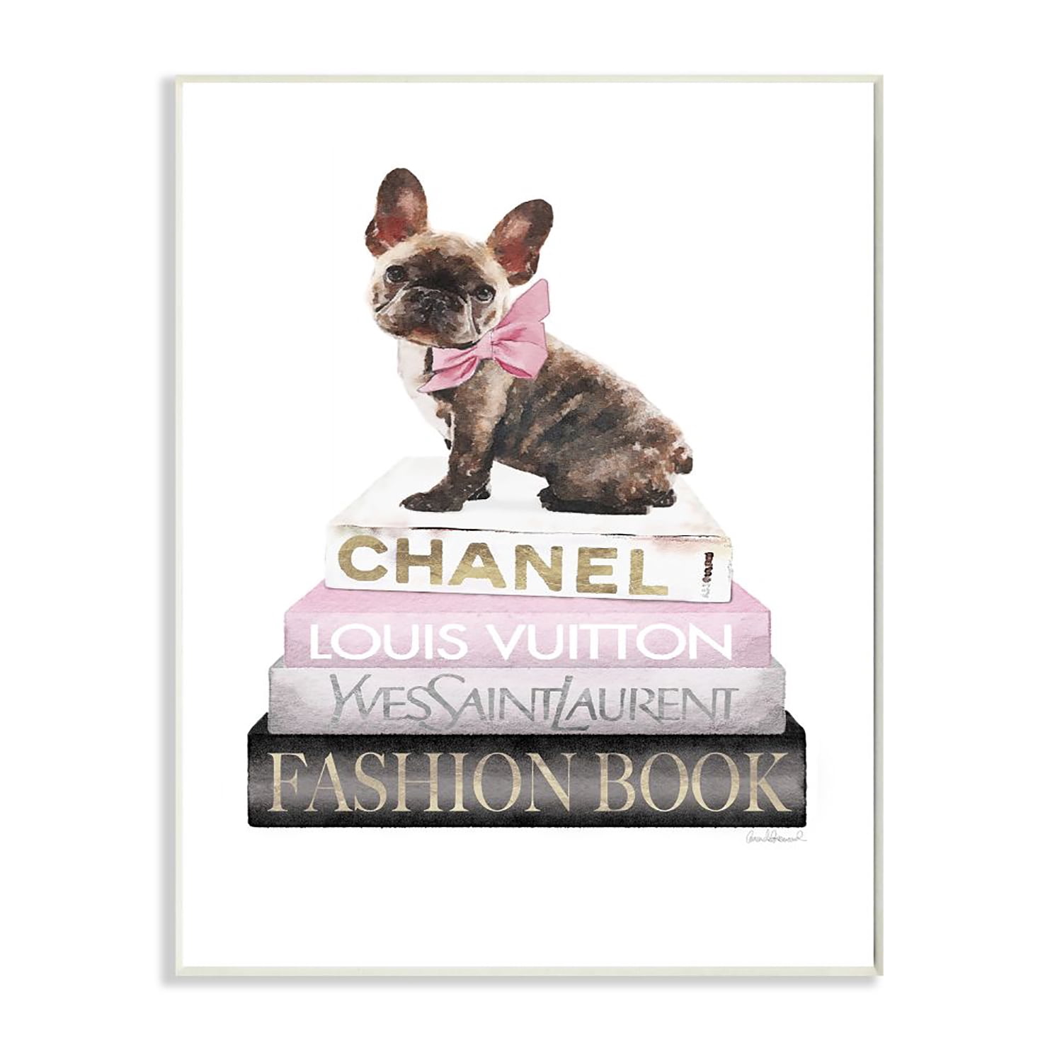 Stupell Industries Pink Bow Dog Gold Black Bookstack Glam Fashion Pet Design Wall Plaque by Amanda Greenwood