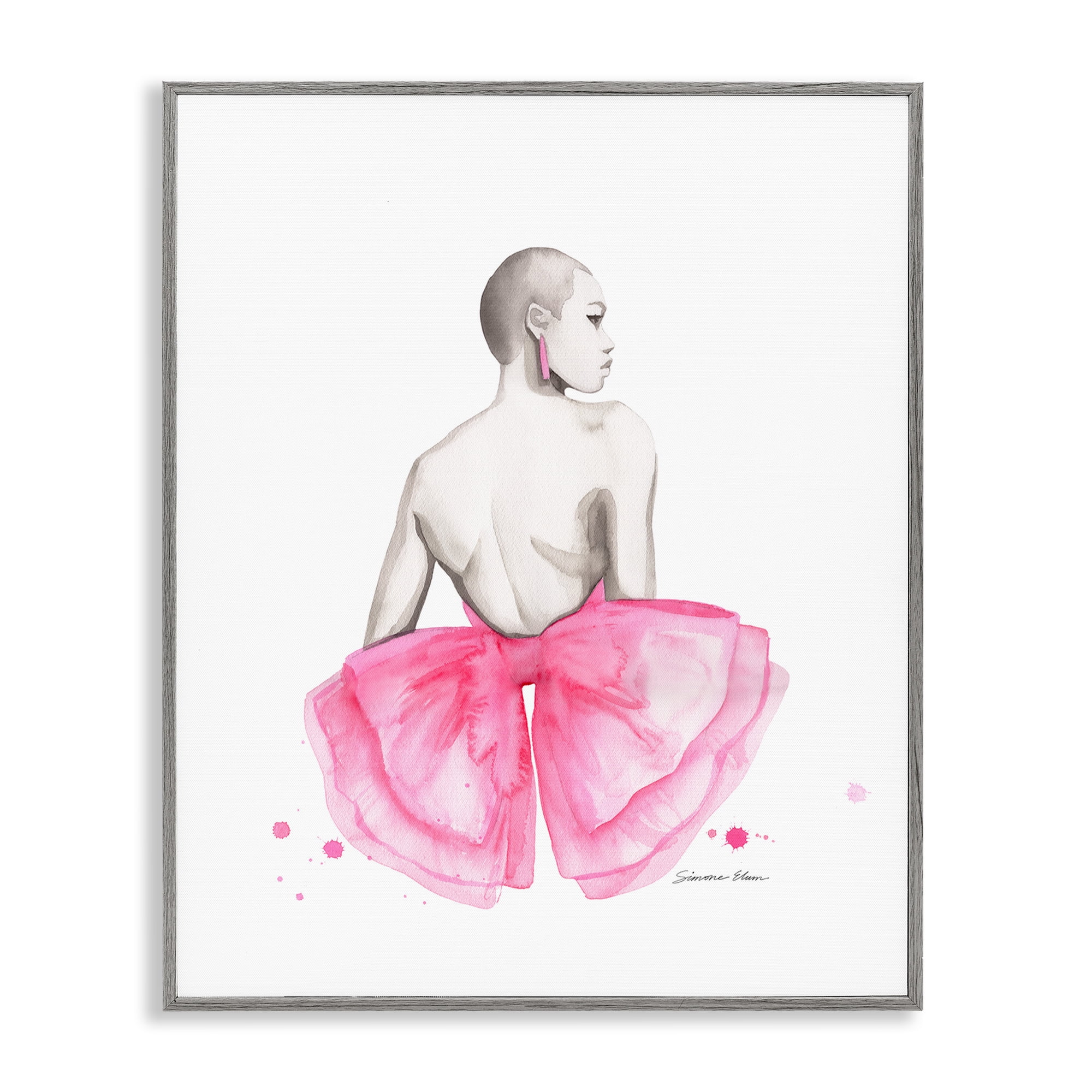 Stupell Industries Pink Bow Portrait From Behind Gray Framed Giclee Art, design by Simone Elum