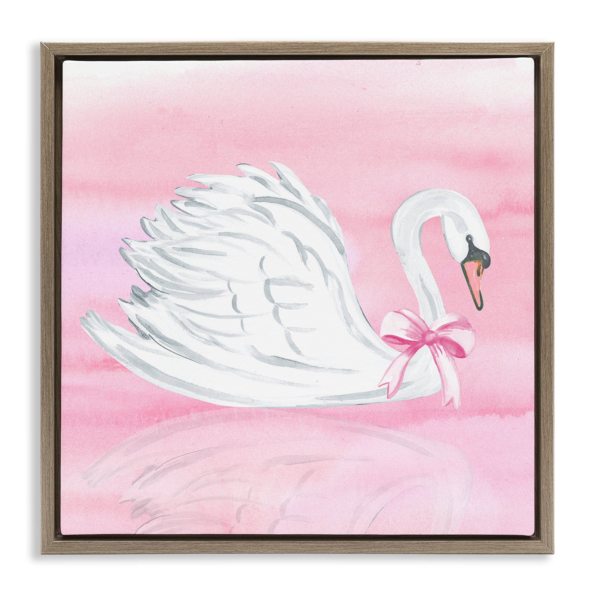 Stupell Industries Pink Bow Swan Brown Framed Floater Canvas Wall Art, design by Corinne Haig
