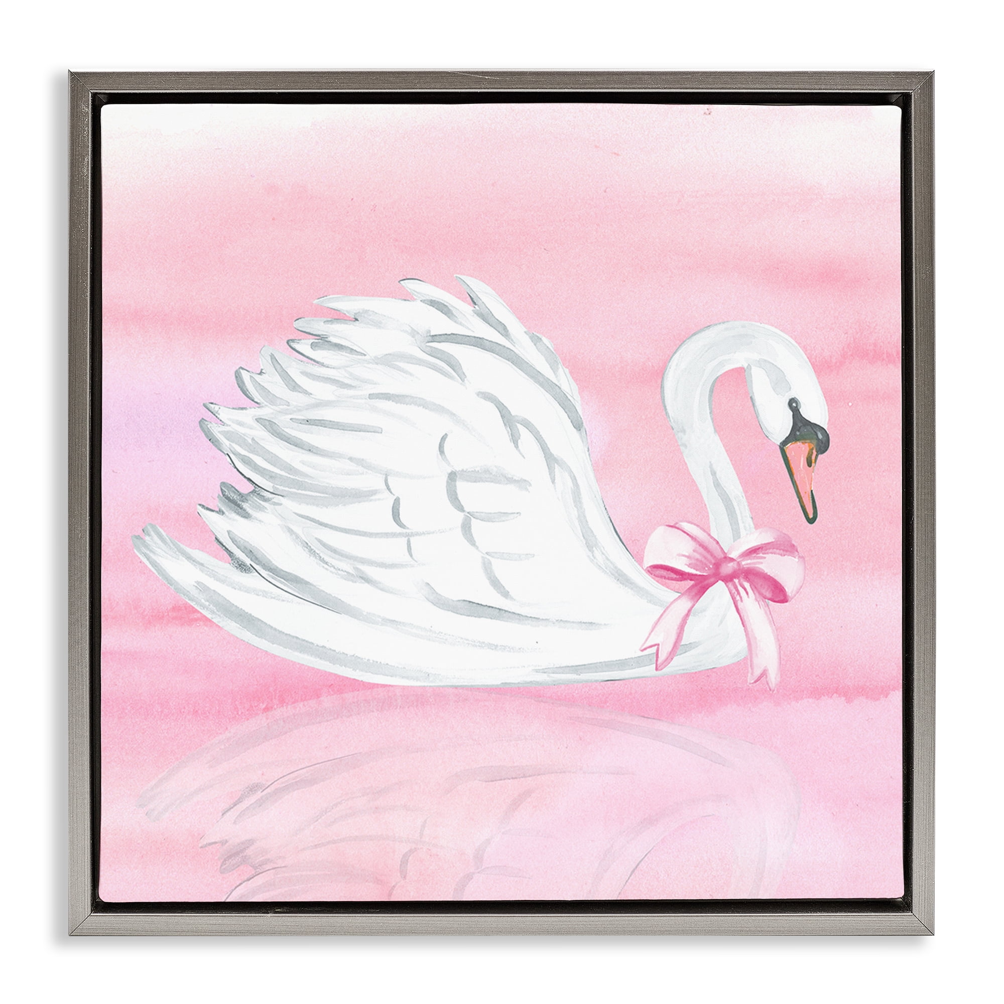 Stupell Industries Pink Bow Swan Gray Framed Floater Canvas Wall Art, design by Corinne Haig