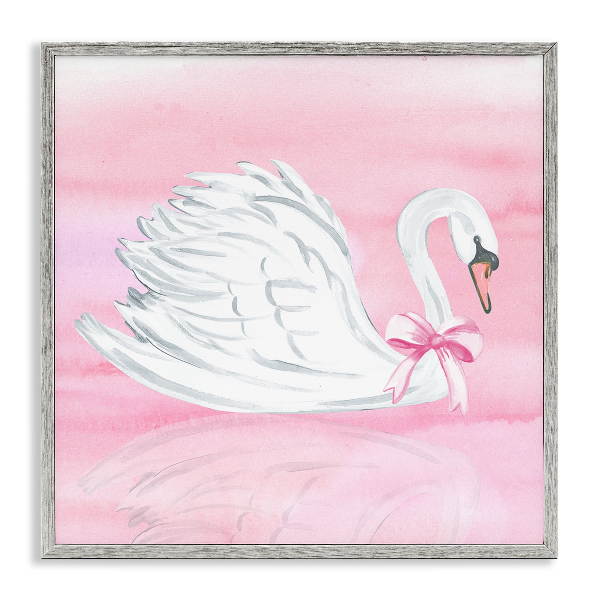 Stupell Industries Pink Bow Swan Gray Framed Giclee Art, design by Corinne Haig