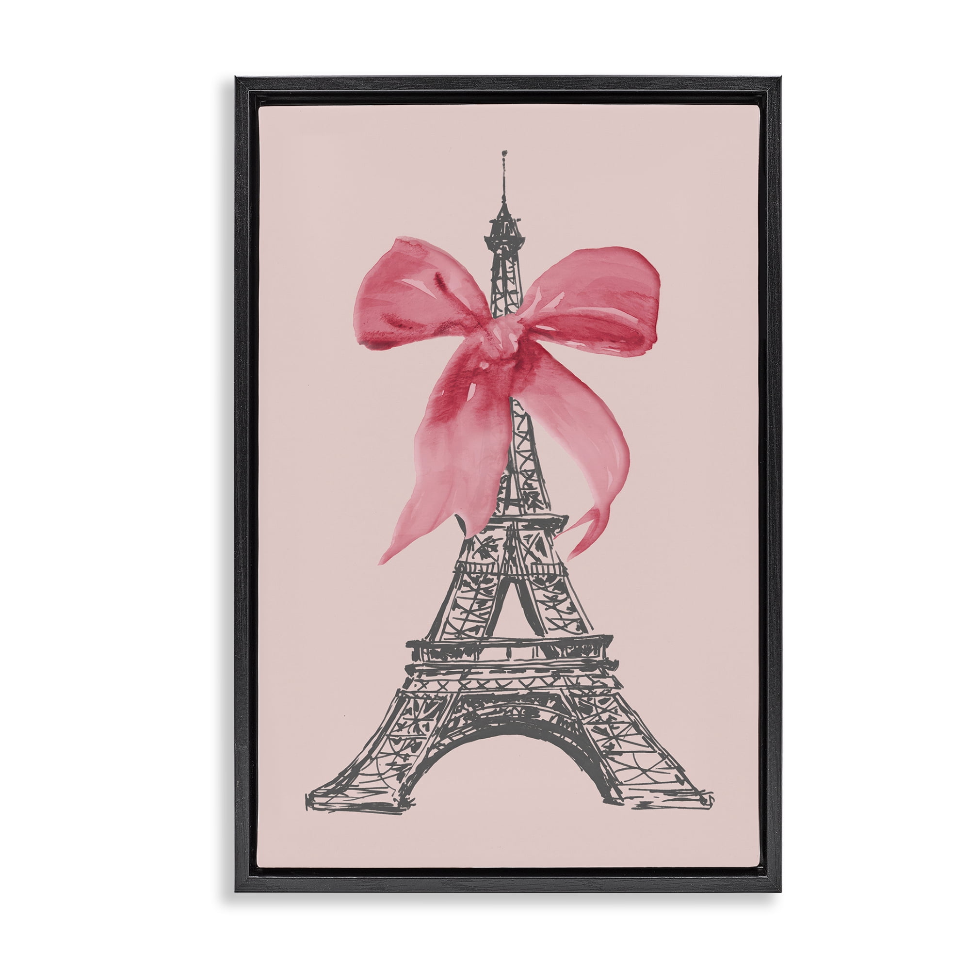 Stupell Industries Pink Bow on Eiffel Tower Buildings & Architecture Painting Black Floater Framed Canvas Art Print Wall Art, 17 x 25