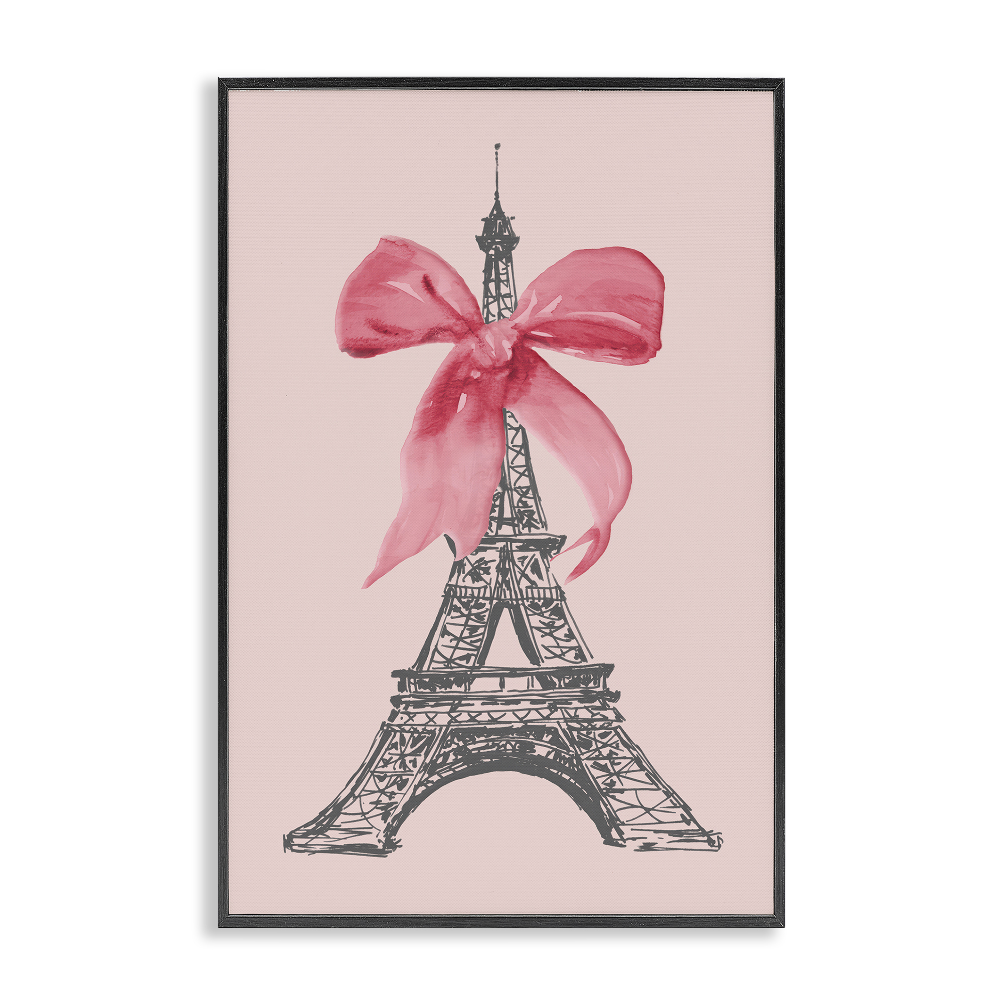 Stupell Industries Pink Bow on Eiffel Tower Buildings & Architecture Painting Black Framed Art Print Wall Art, 16 x 24