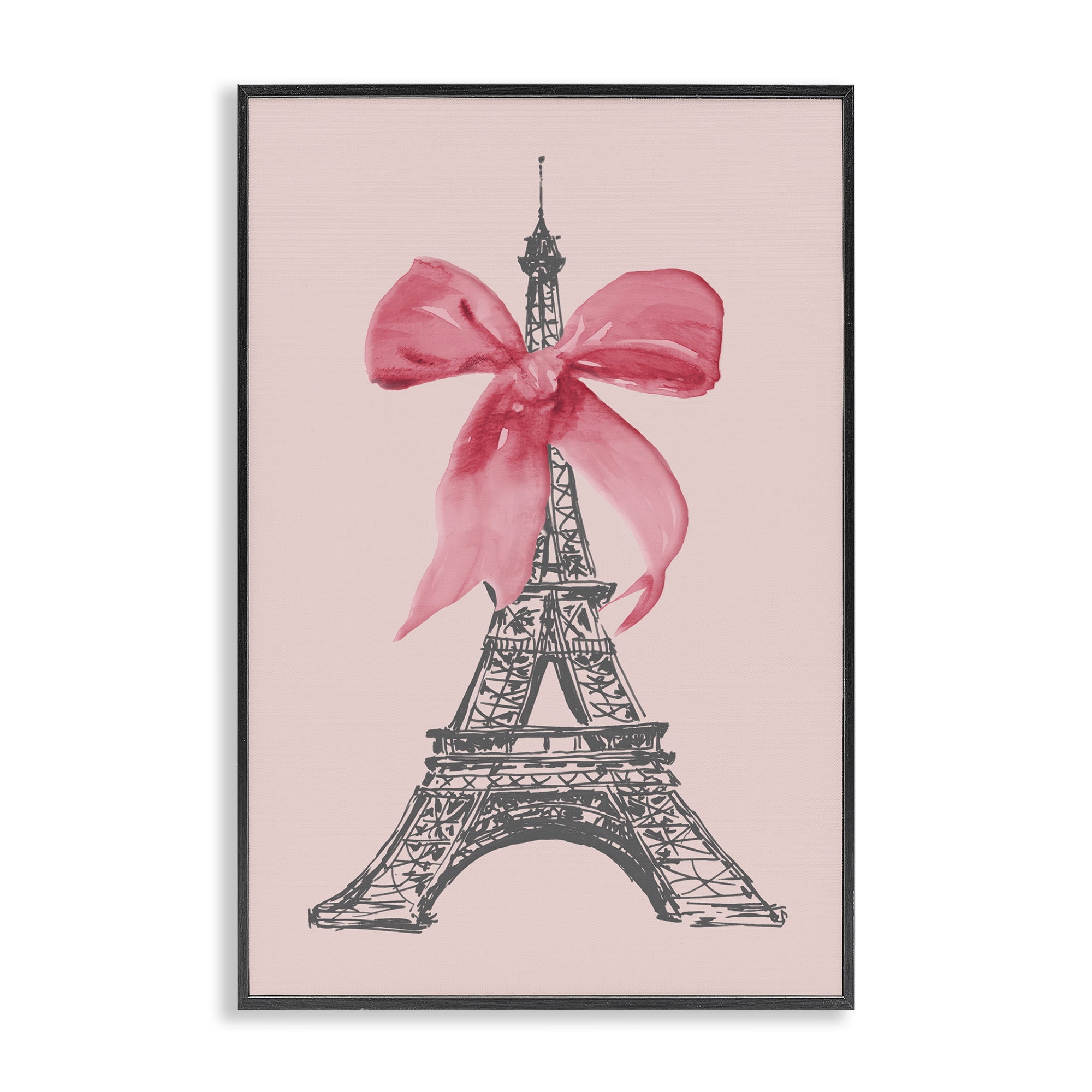 Stupell Industries Pink Bow on Eiffel Tower Buildings & Architecture Painting Black Framed Art Print Wall Art, 20 x 30