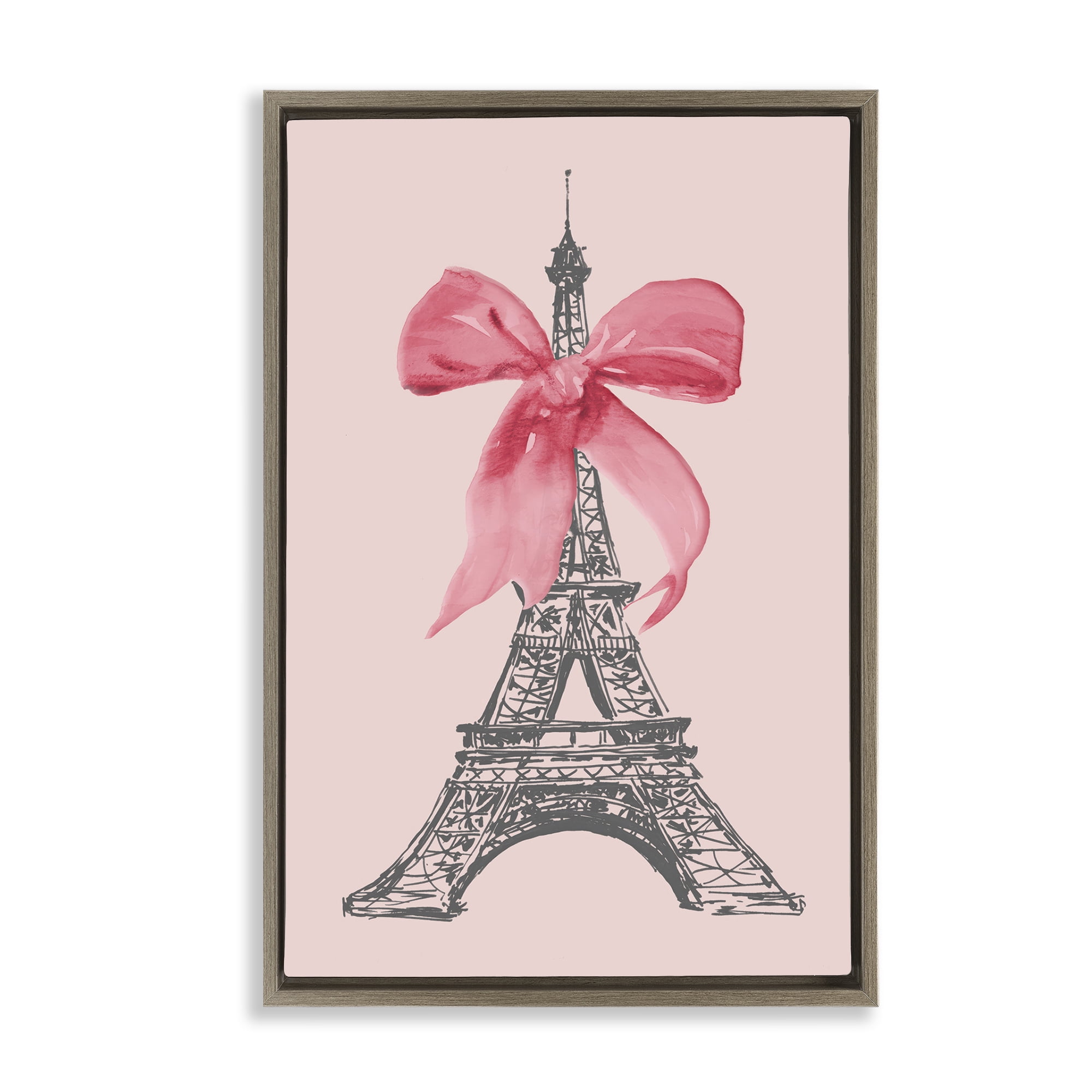 Stupell Industries Pink Bow on Eiffel Tower Buildings & Architecture Painting Brown Floater Framed Canvas Art Print Wall Art, 17 x 25