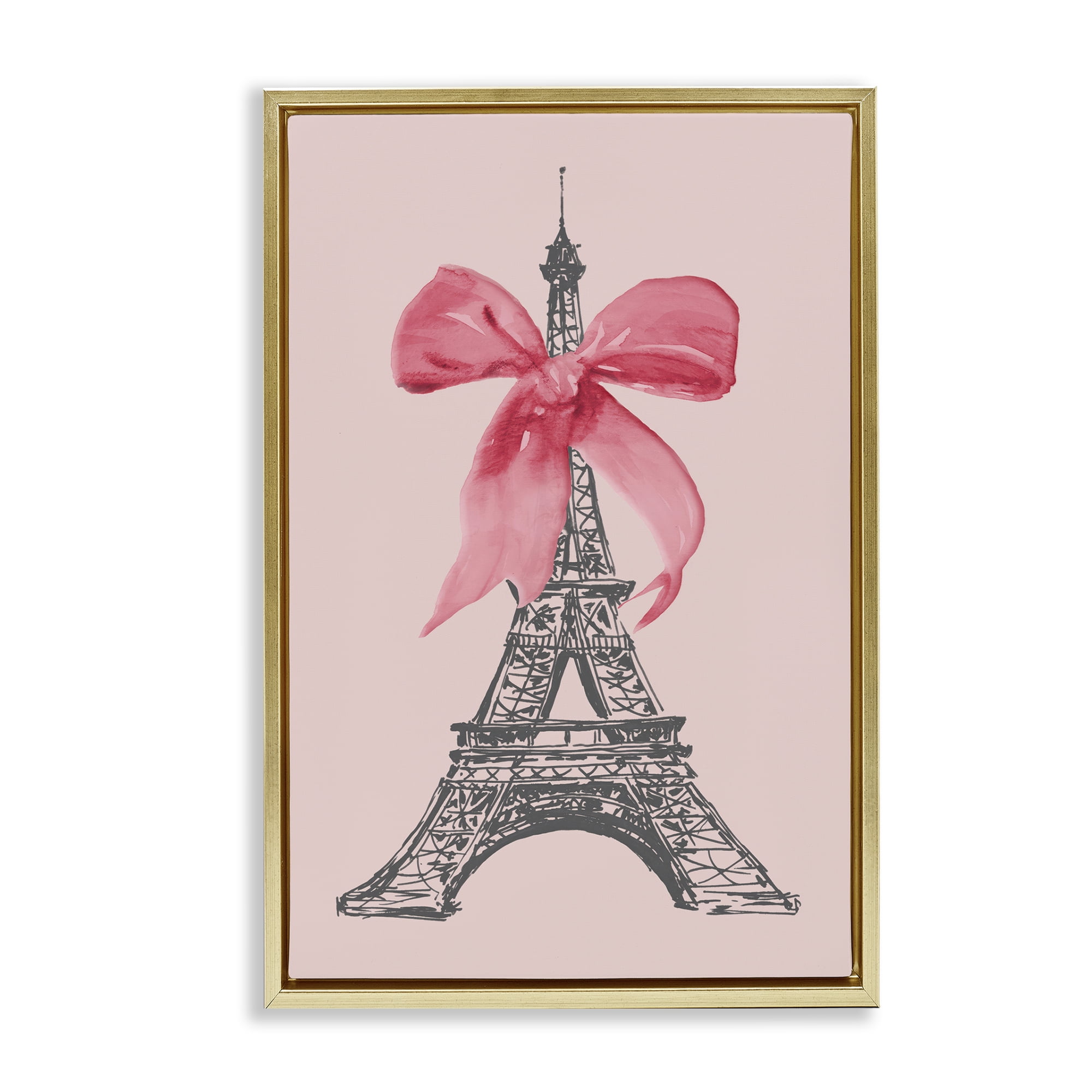 Stupell Industries Pink Bow on Eiffel Tower Buildings & Architecture Painting Gold Floater Framed Canvas Art Print Wall Art, 17 x 25