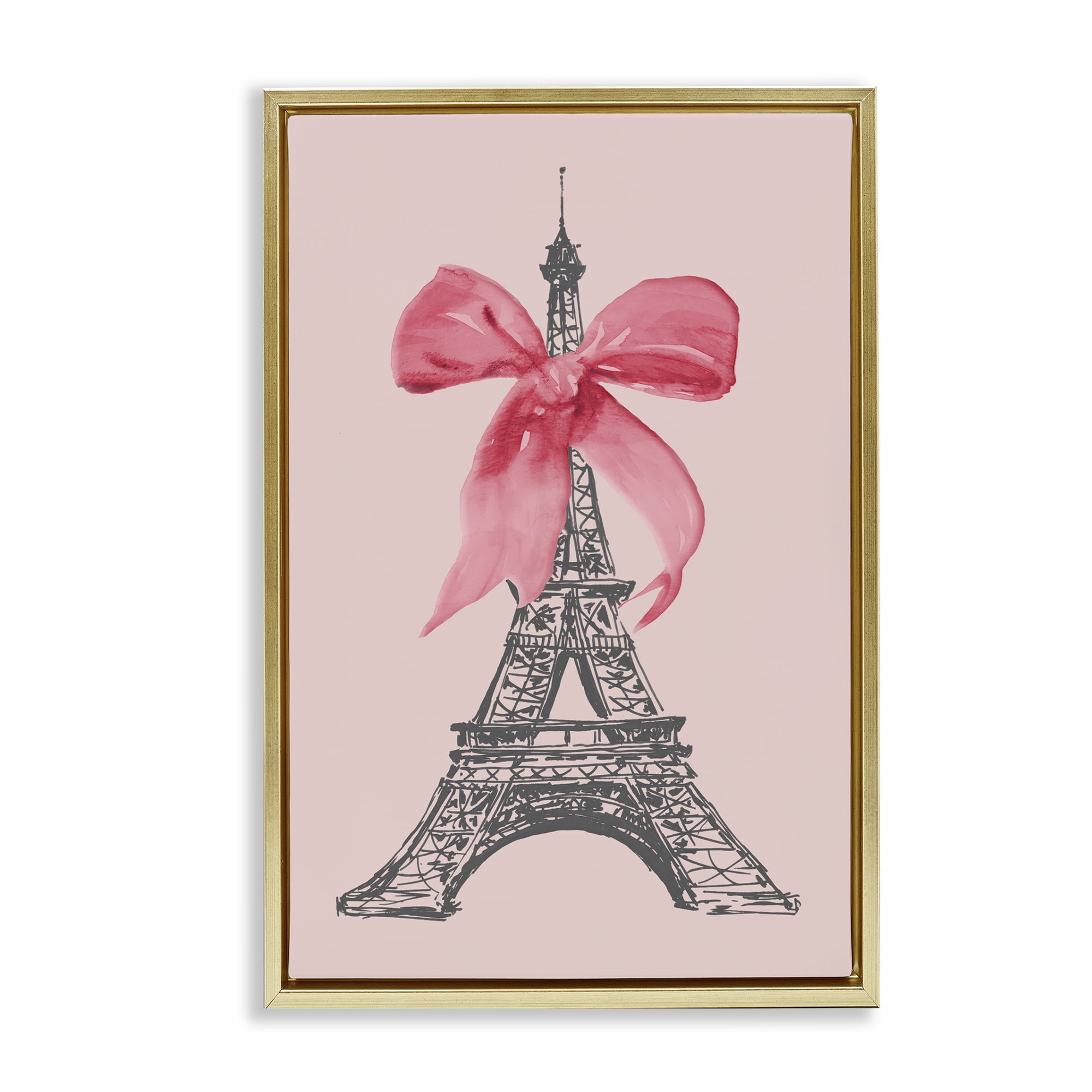 Stupell Industries Pink Bow on Eiffel Tower Buildings & Architecture Painting Gold Floater Framed Canvas Art Print Wall Art, 21 x 31