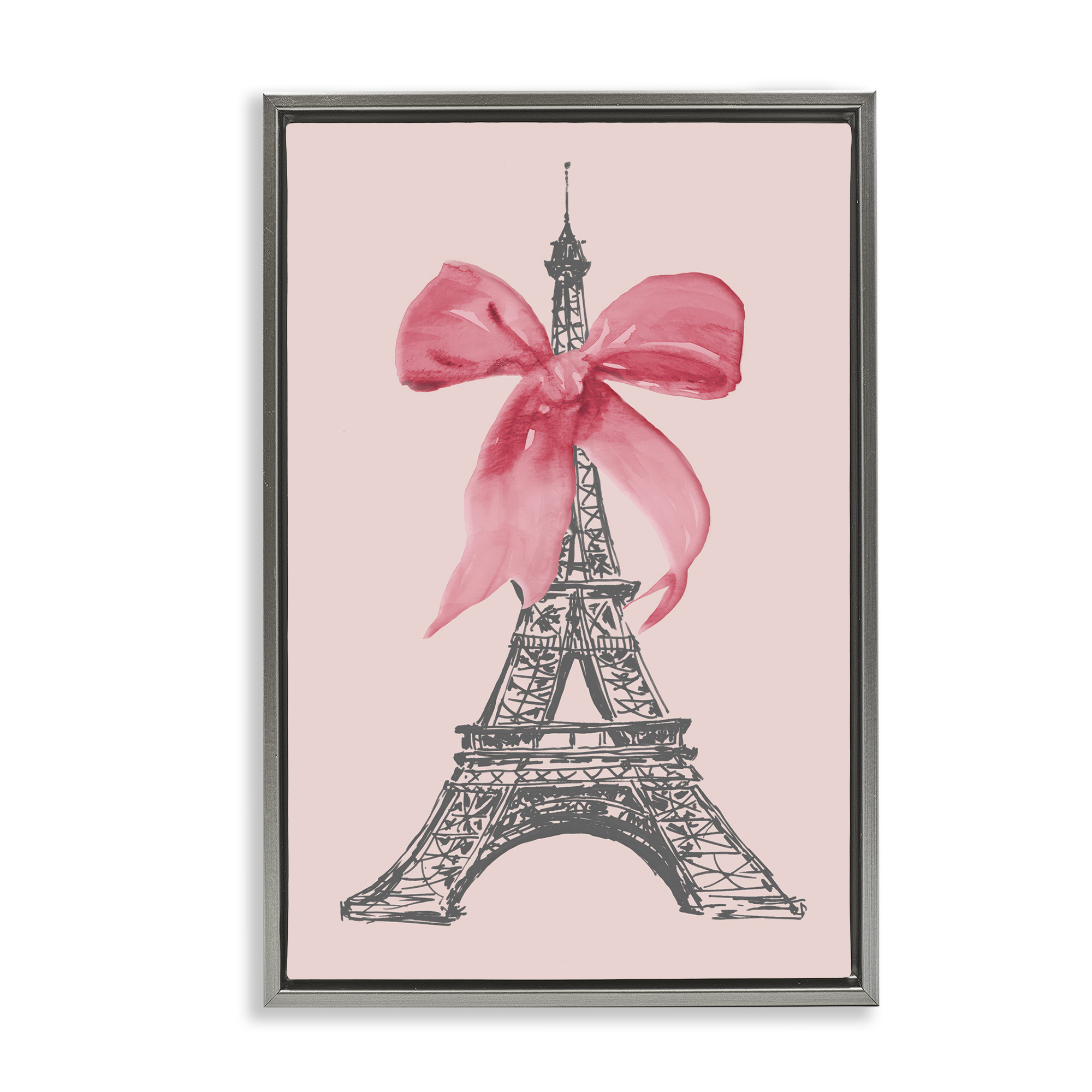 Stupell Industries Pink Bow on Eiffel Tower Buildings & Architecture Painting Gray Floater Framed Canvas Art Print Wall Art, 17 x 25