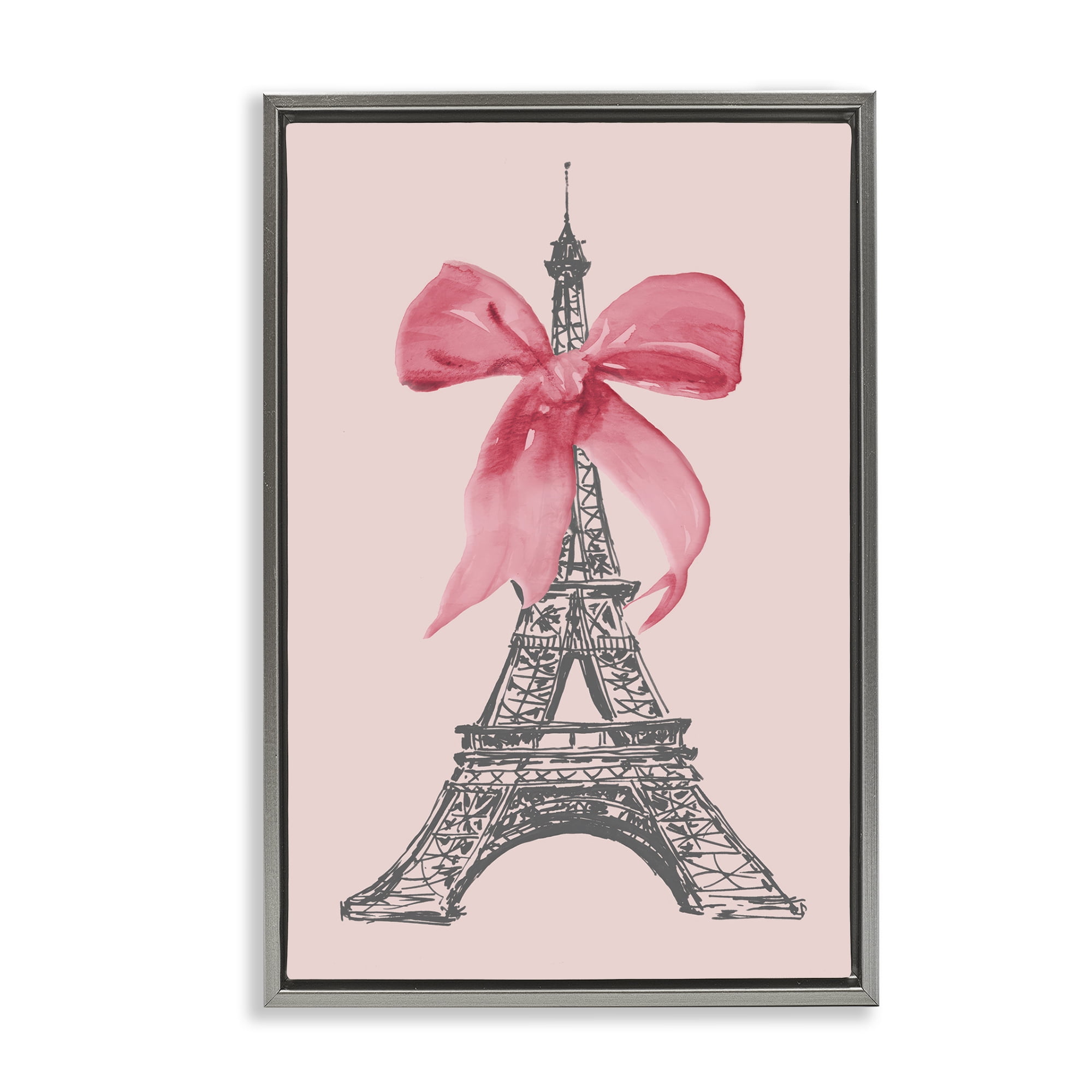 Stupell Industries Pink Bow on Eiffel Tower Buildings & Architecture Painting Gray Floater Framed Canvas Art Print Wall Art, 21 x 31