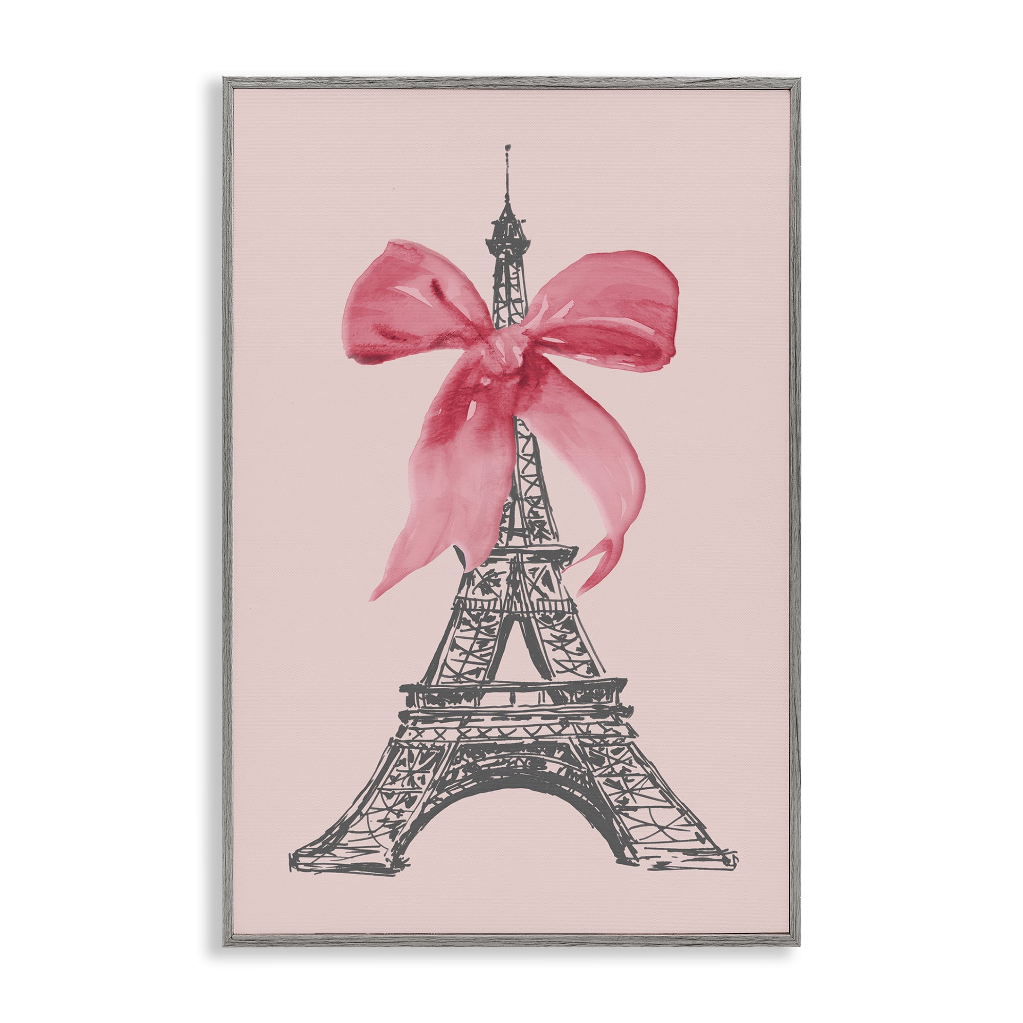 Stupell Industries Pink Bow on Eiffel Tower Buildings & Architecture Painting Gray Framed Art Print Wall Art, 16 x 24