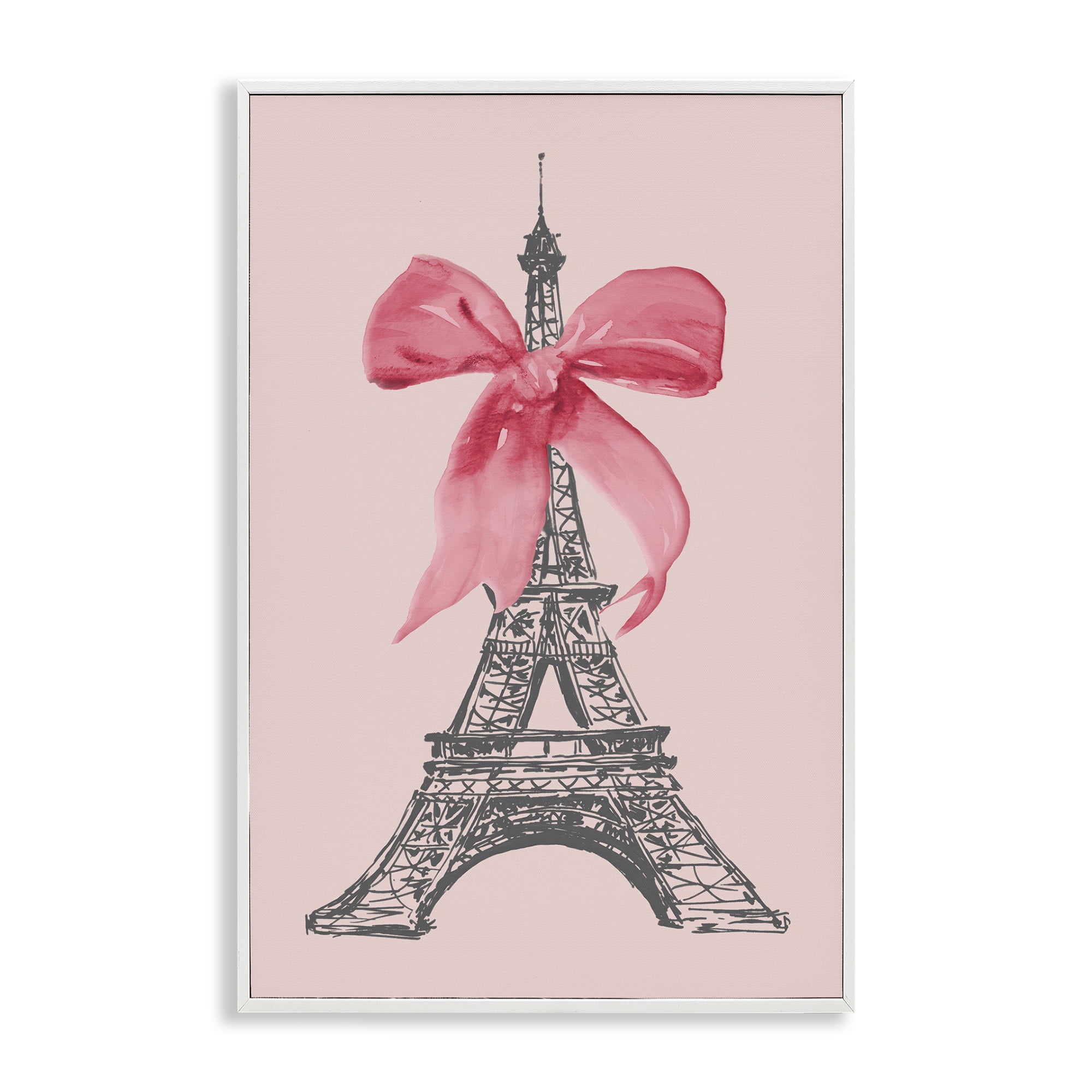 Stupell Industries Pink Bow on Eiffel Tower Buildings & Architecture Painting White Framed Art Print Wall Art, 12 x 18